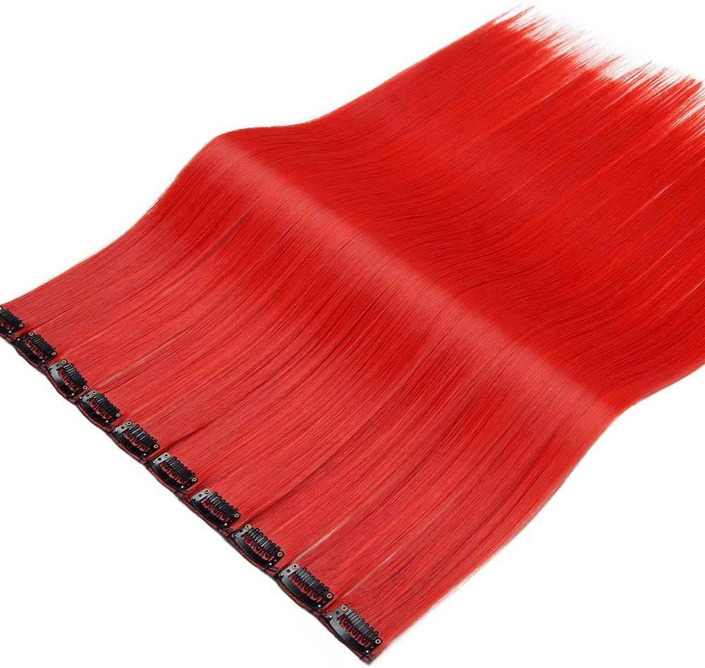 12 Pcs Red Clip-in Hair Extensions for Women - Straight Synthetic Hairpieces with Multi-Colors Highlights for Party, Cosplay & Daily Styling
