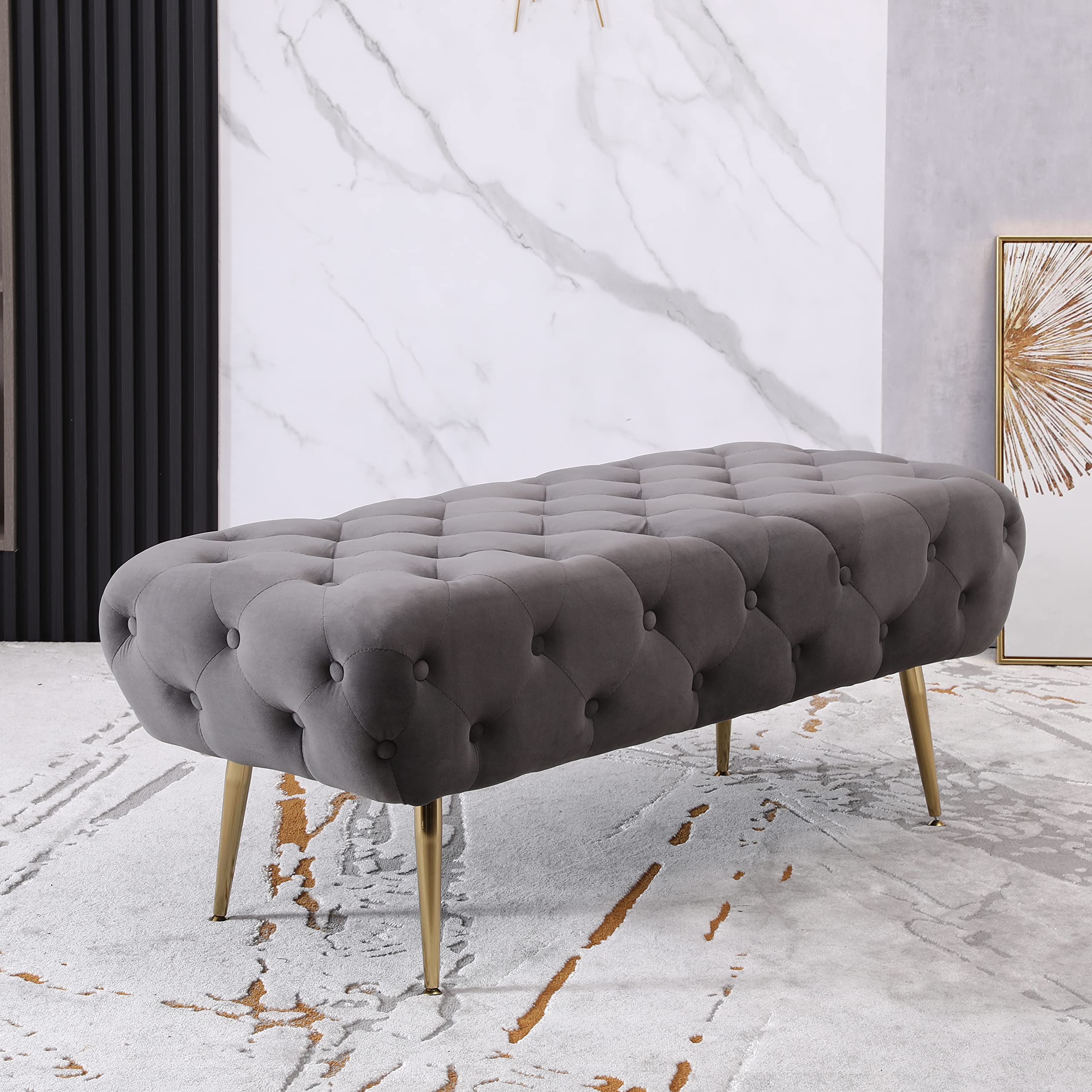 Roundhill Furniture Sira Gray Upholstered Bench - Modern Entryway, Living Room, or Bedroom Seating with Sturdy Wooden Legs