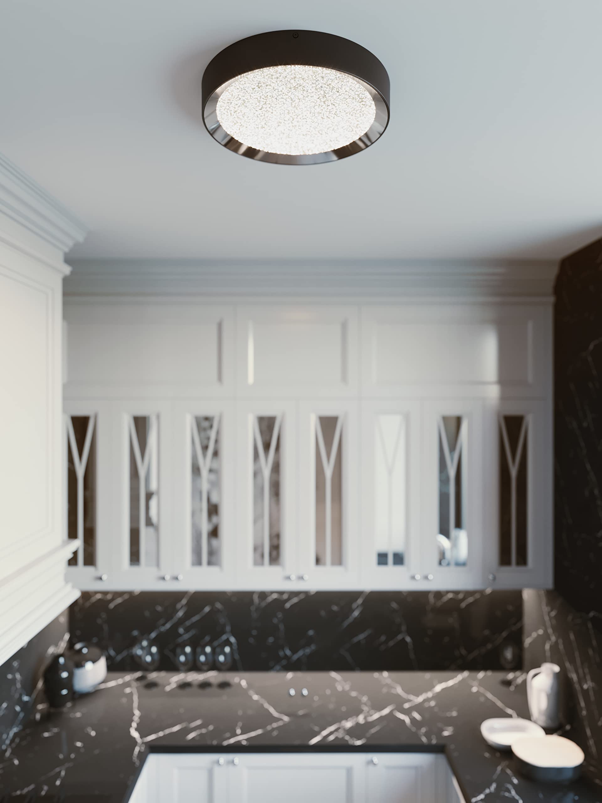 Belle 19-Inch Black LED Flush Mount Ceiling Light with Clear Glass - Modern Lighting for Bedroom, Kitchen, Hallway & Living Room