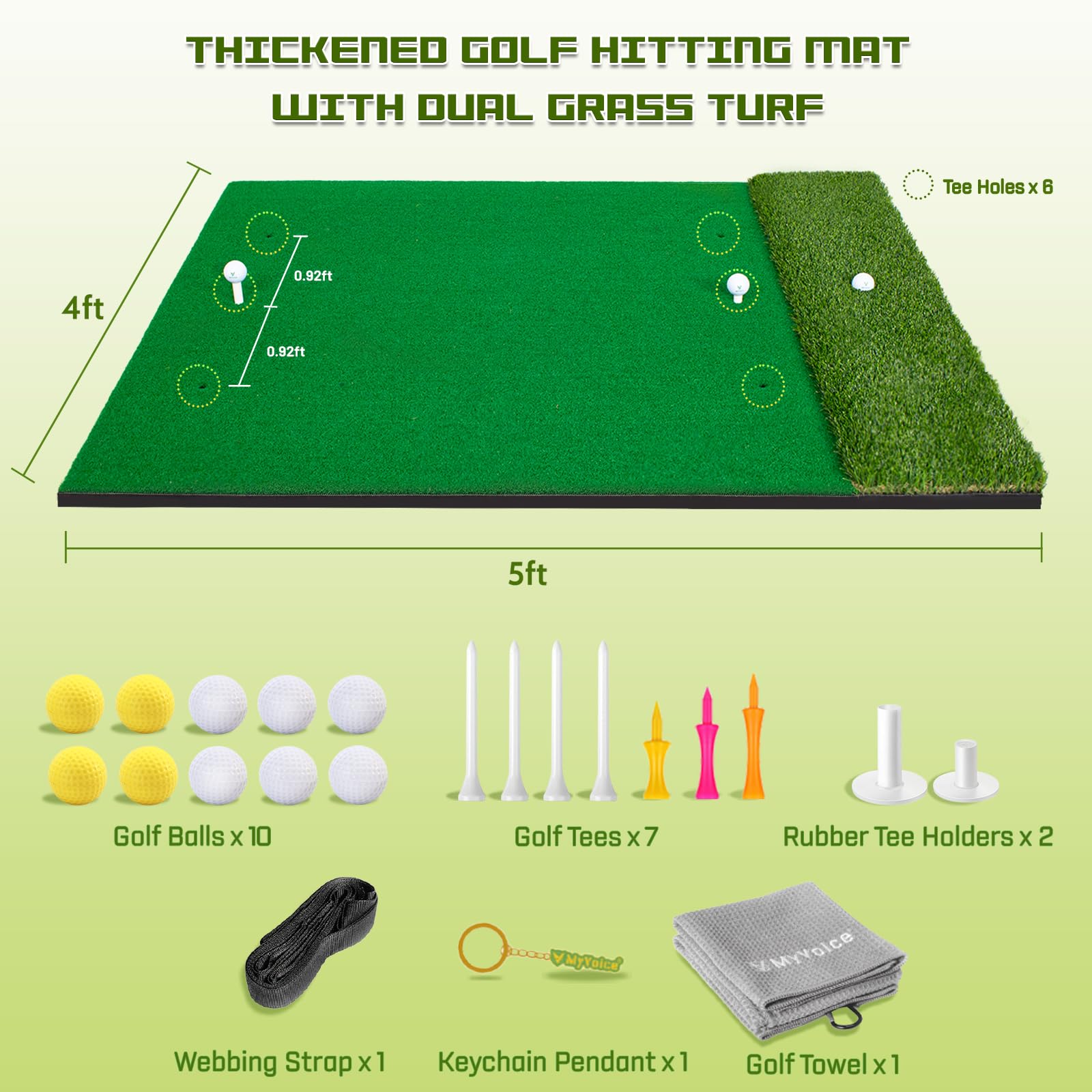 Premium MyVoice Pro 5x4ft Thickened Golf Practice Mat Set - High-Elastic Non-Slip Base with Multiple Turf Options for Indoor/Outdoor Training | Perfect for Backyard, Garage & Driving Range Precision Shot Practice