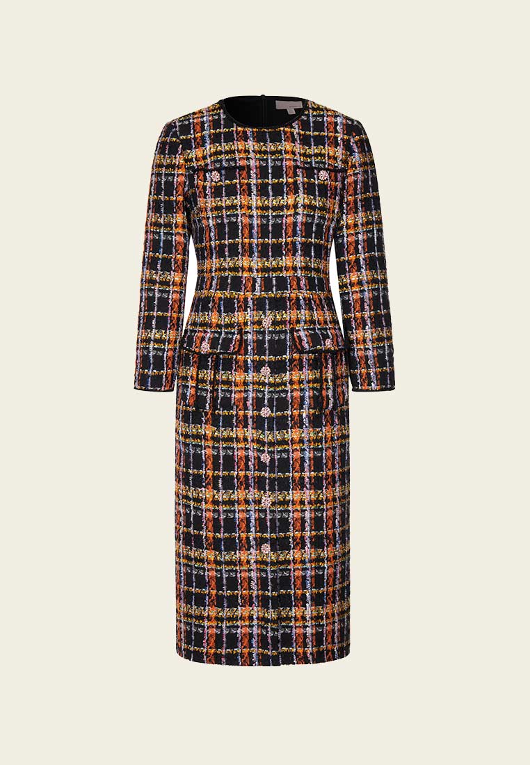Stylish Orange Plaid Tweed Dress for Women - Vintage-Inspired Fall Fashion - Perfect for Office, Date Night & Holiday Parties