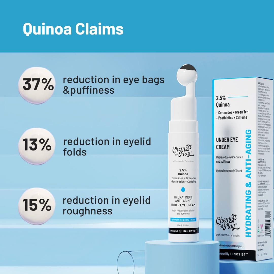 Chemist At Play Under Eye Cream with 2% Revital Eye & Quinoa Extract – Reduces Dark Circles, Puffiness, Wrinkles & Crow's Feet | Lightweight Hydrating Gel with Plant-Based Ceramides | 100% Vegan Cooling Eye Treatment with Roller Applicator | 15g | Perfect for Morning & Night Skincare Routine for Men & Women