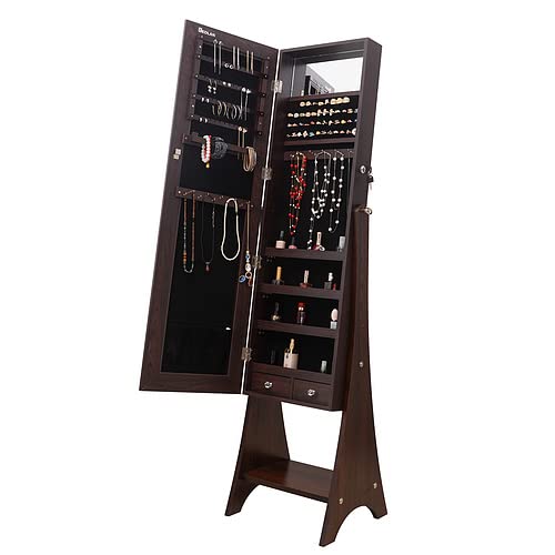 LED Jewelry Storage Mirror Cabinet with Armoire - Organize Earrings, Bracelets & Necklaces - Perfect for Bedroom or Living Room Decor - Elegant Brown Finish