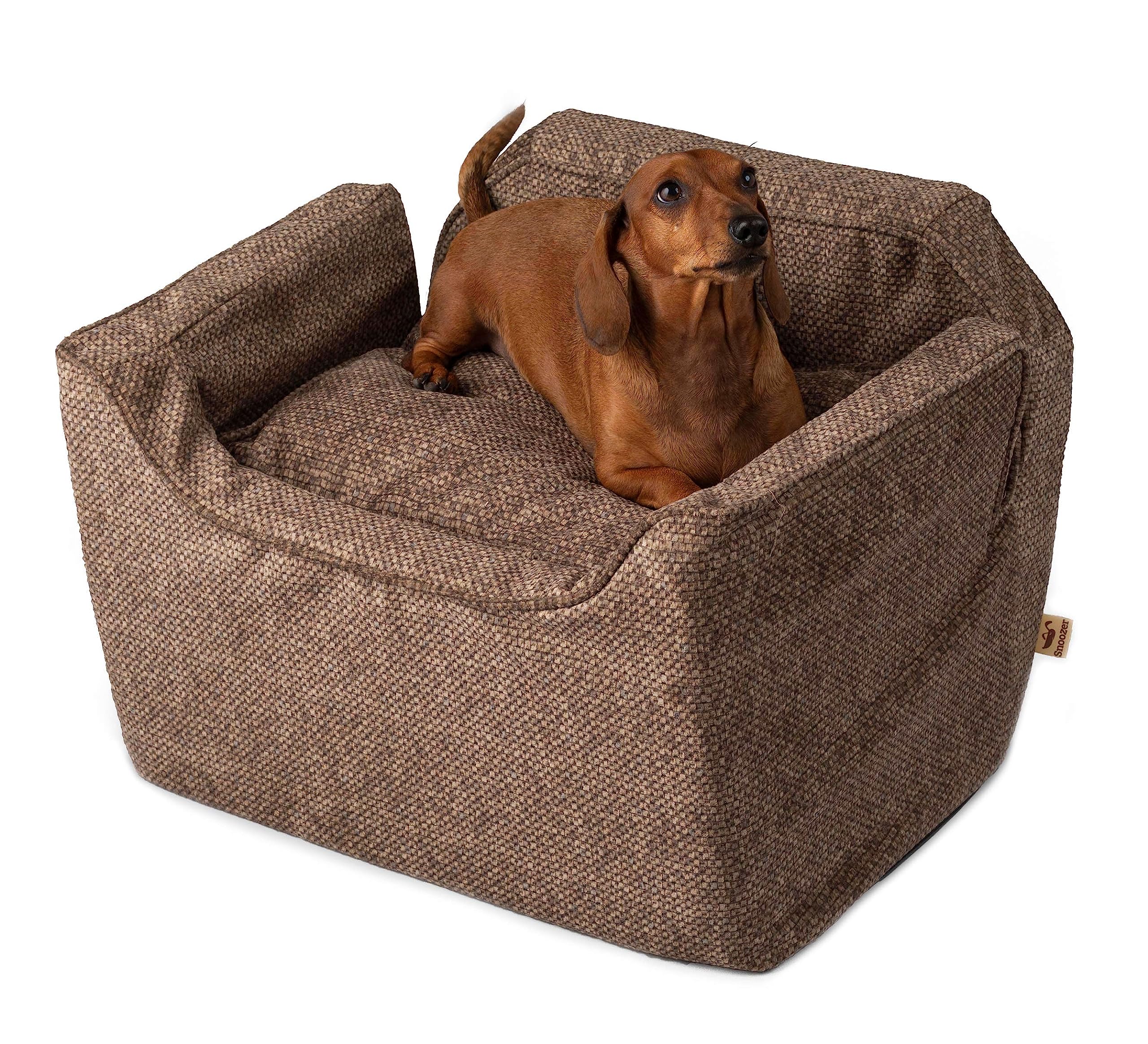 Snoozer Lookout I Dog Booster Car Seat for Small Dogs Under 25lbs - Medium Size Pet Car Seat with Removable Washable Cover in Merlin Camel Fabric - Prevents Car Sickness - Perfect for Road Trips & Vet Visits