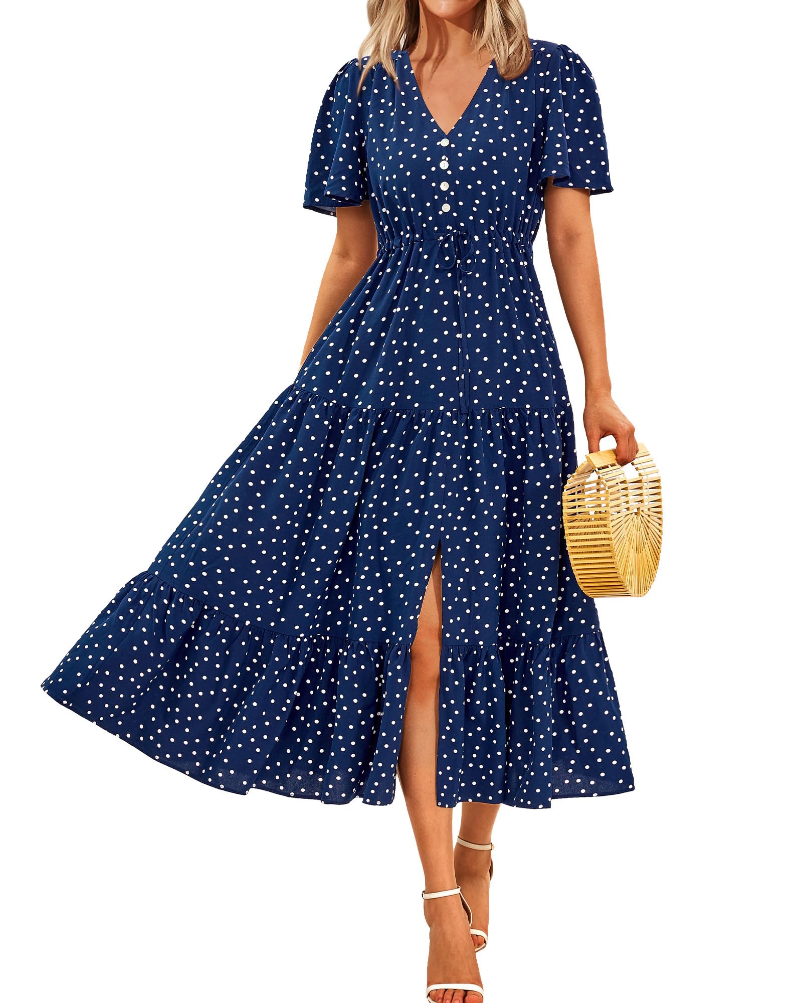 Zenlonr Women's Summer Maxi Dress 2025 - Casual Short Sleeve V-Neck Beach Dress with Side Split & Adjustable Drawstring | Perfect for Vacation, Pool Party, and Boho Outfits