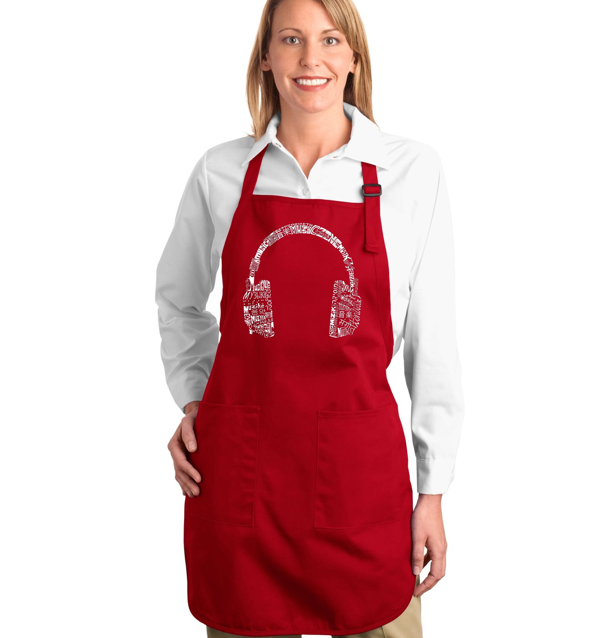 LA POP ART Word Art Apron with Headphones - Multilingual Kitchen Apron for Cooking, Baking & Music Lovers - Perfect for Home Chefs & Music Enthusiasts