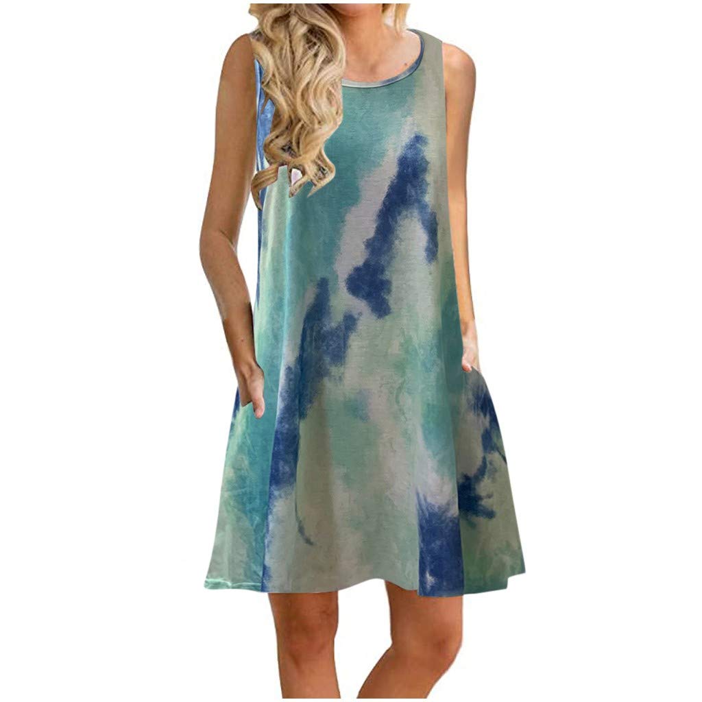 MKDEIAy Women's Tie-Dye Print Mini Dress - Sexy O-Neck Casual Party Dress for Women | Perfect for Summer Outings, Beach Vacations & Nightclub Events