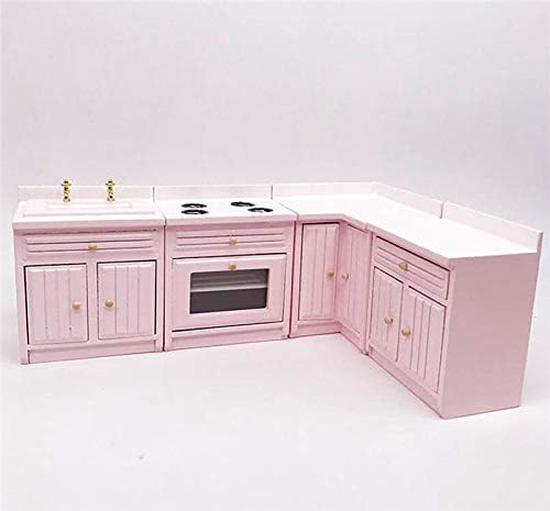 1:12 Scale Dollhouse Miniature Furniture - Pink Wooden Kitchen Cabinet Set with Sink & Countertops | Deluxe Miniature Kitchen Accessories for Dollhouse Decor | Perfect for Dollhouse Displays, Miniature Collectors & DIY Projects