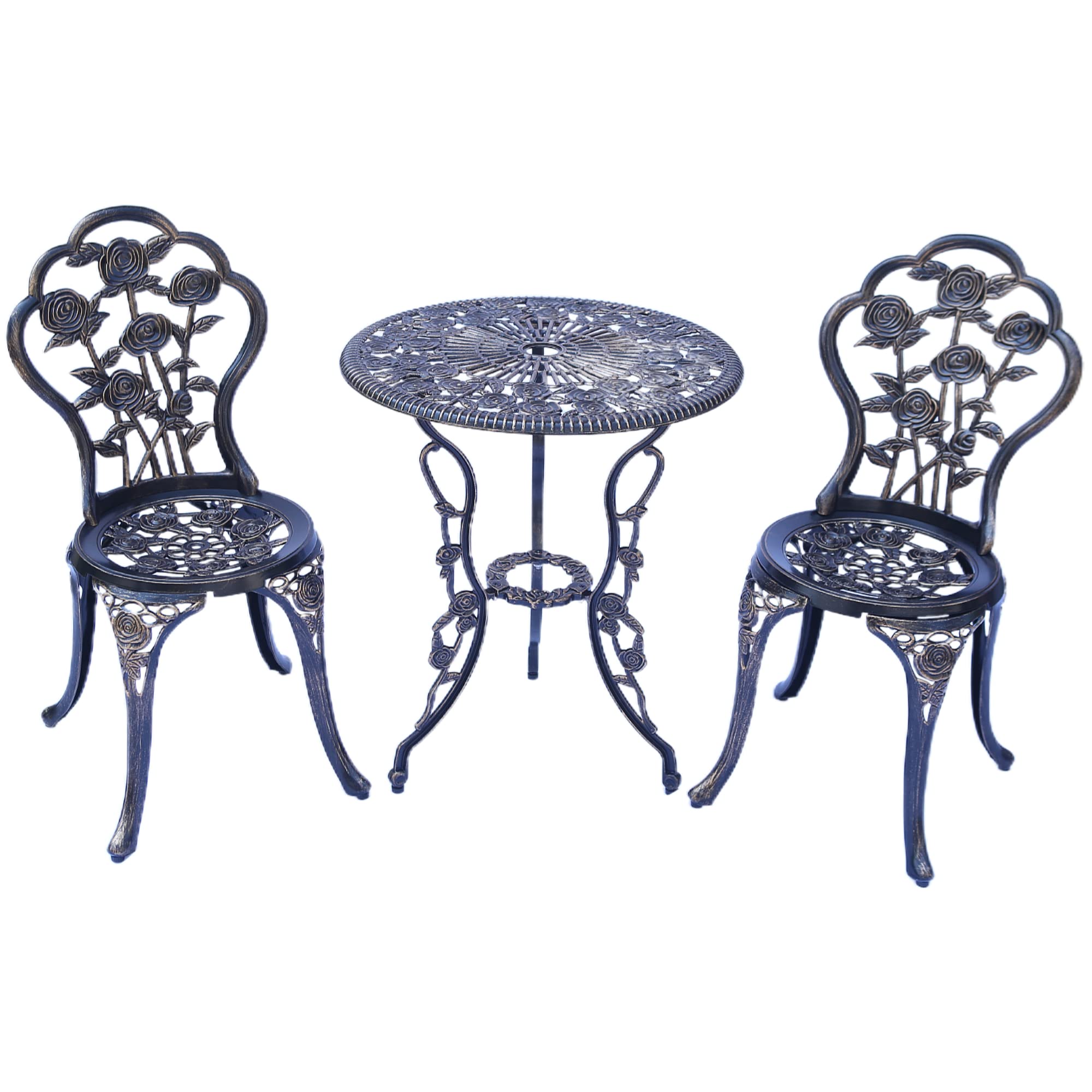 Outdoor Bistro Set with Rose Pattern - 1 Table & 2 Chairs for Garden, Patio, Porch - Rose Bronze Finish - Perfect for Backyard Dining, Coffee Break & Outdoor Entertaining