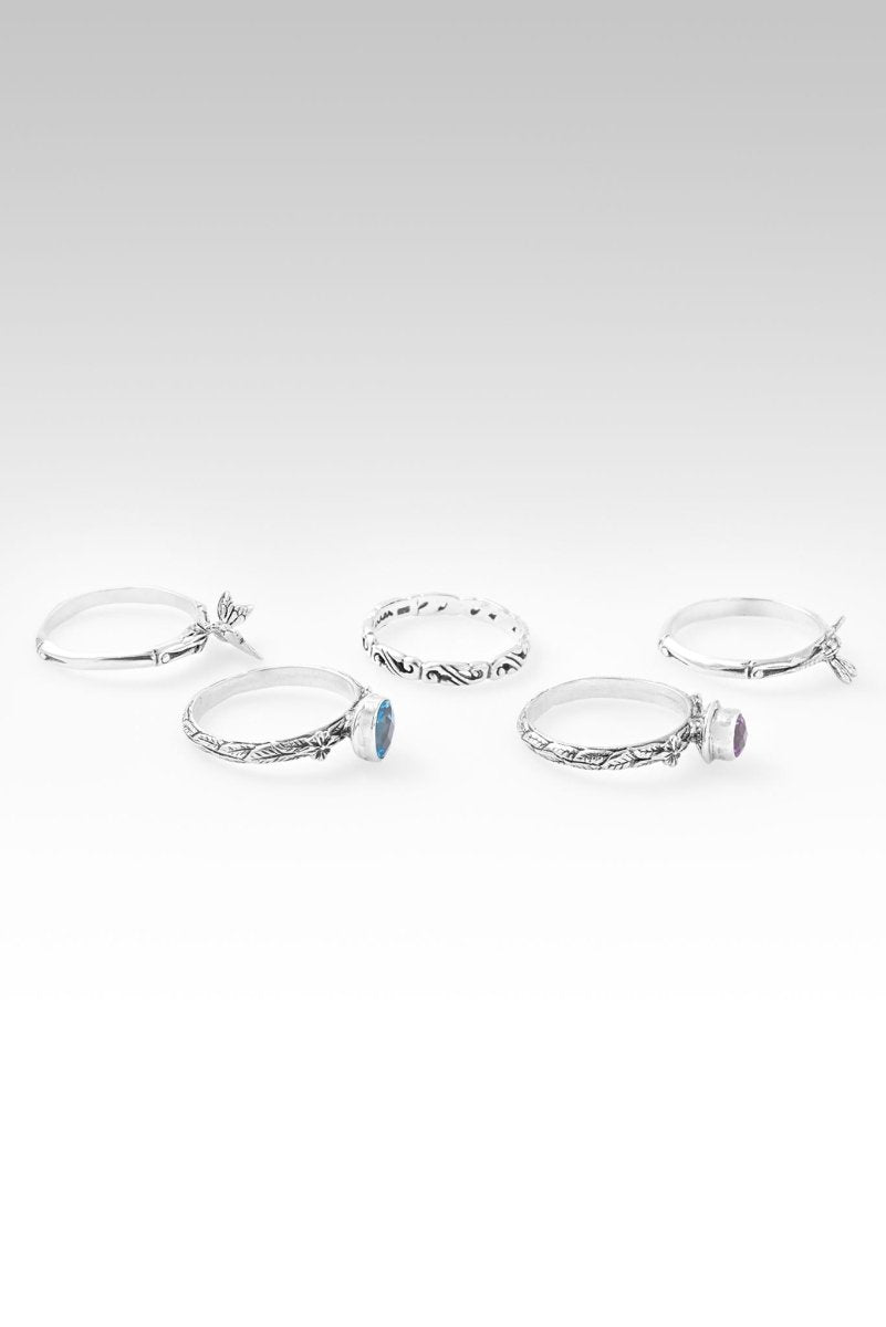Brazilian Amethyst & Swiss Blue Topaz Ring Set of 5 | Transformative Beauty Jewelry Collection | Perfect for Weddings, Parties & Special Occasions