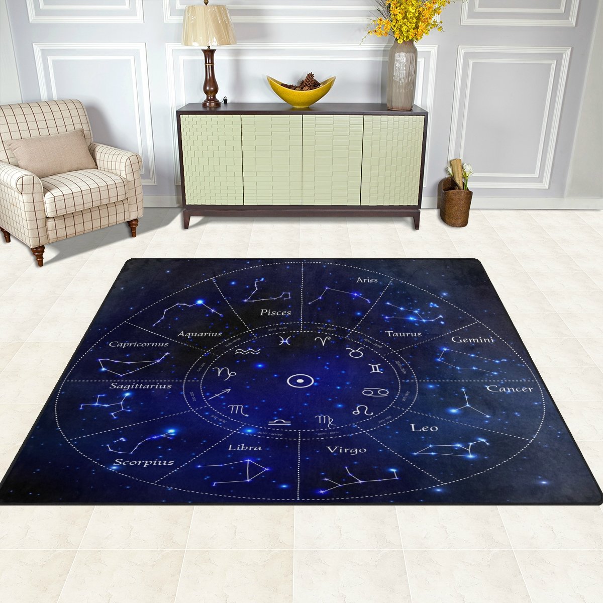 ALAZA Zodiac Constellation Space Star Area Rug 7' x 5' - Non-Slip Living Room & Bedroom Carpet for Home Decor, Kids Room, Nursery | Modern Astrology Themed Floor Mat