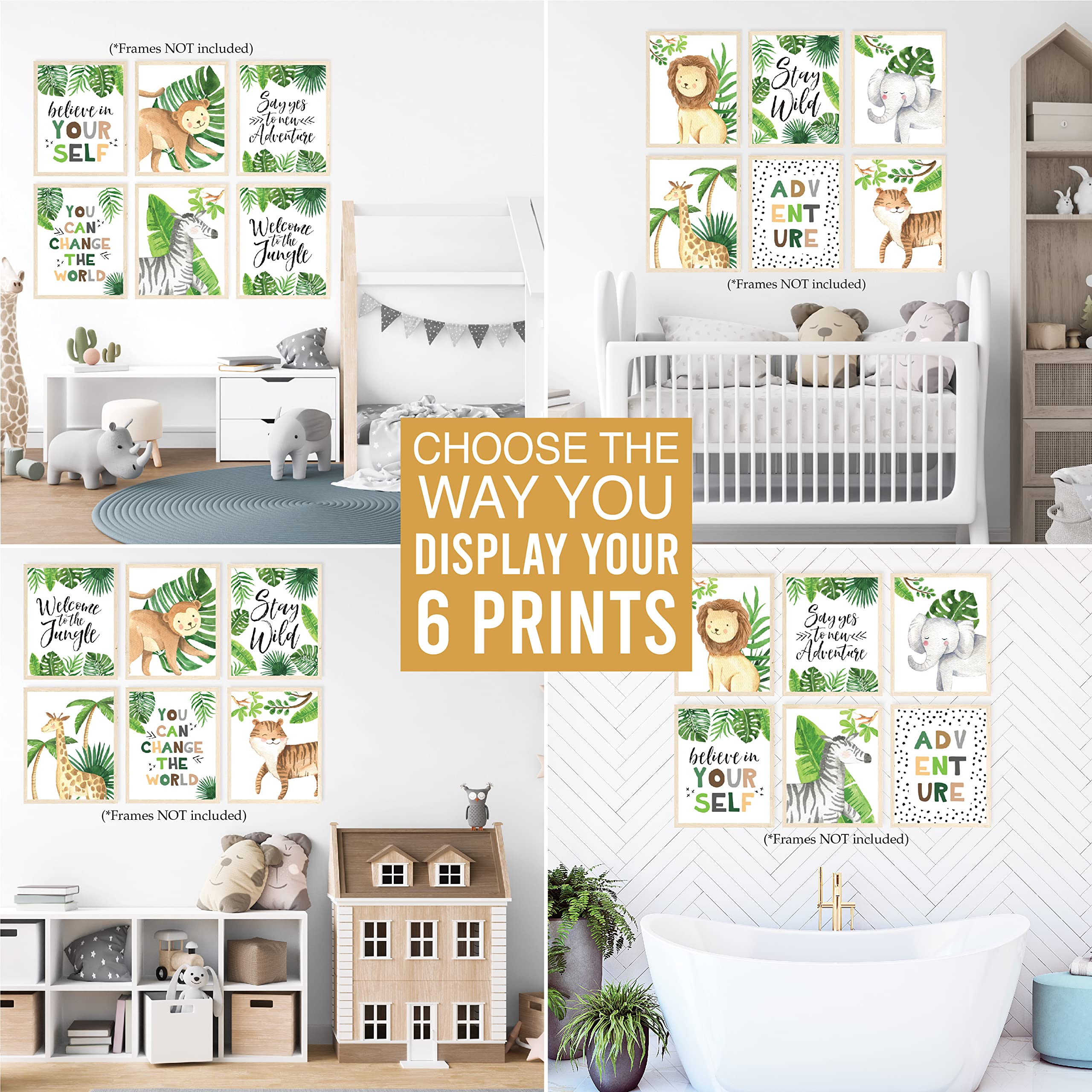6 Reversible 8x10 Safari Nursery Wall Art Prints - Jungle Animal Classroom Decor, Baby Shower & Birthday Party Decorations - Perfect for Jungle Theme Nursery, Kids Room, Classroom & Safari Party Decor