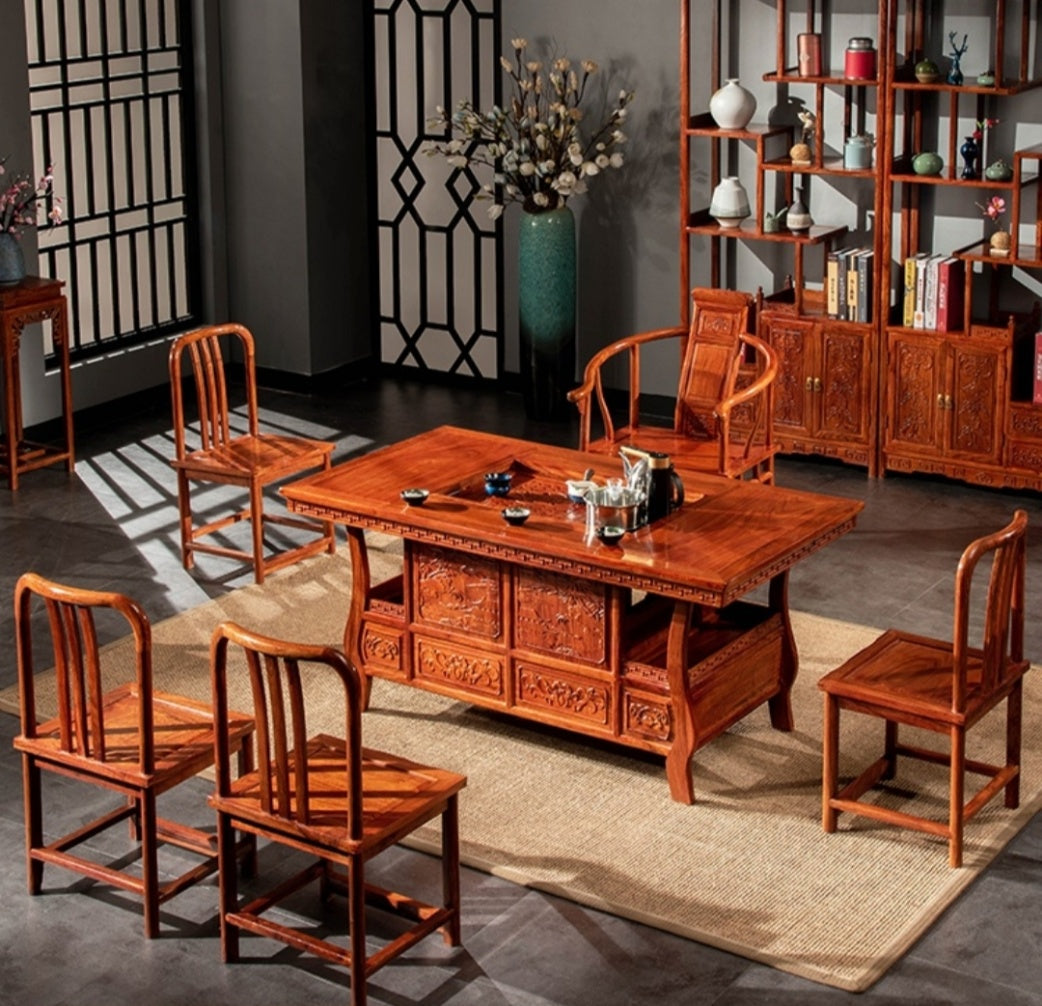 African Rosewood Tea Table Set - Handcrafted Wooden Coffee Table with Matching Stools, Perfect for Living Room, Patio, and Garden Decor