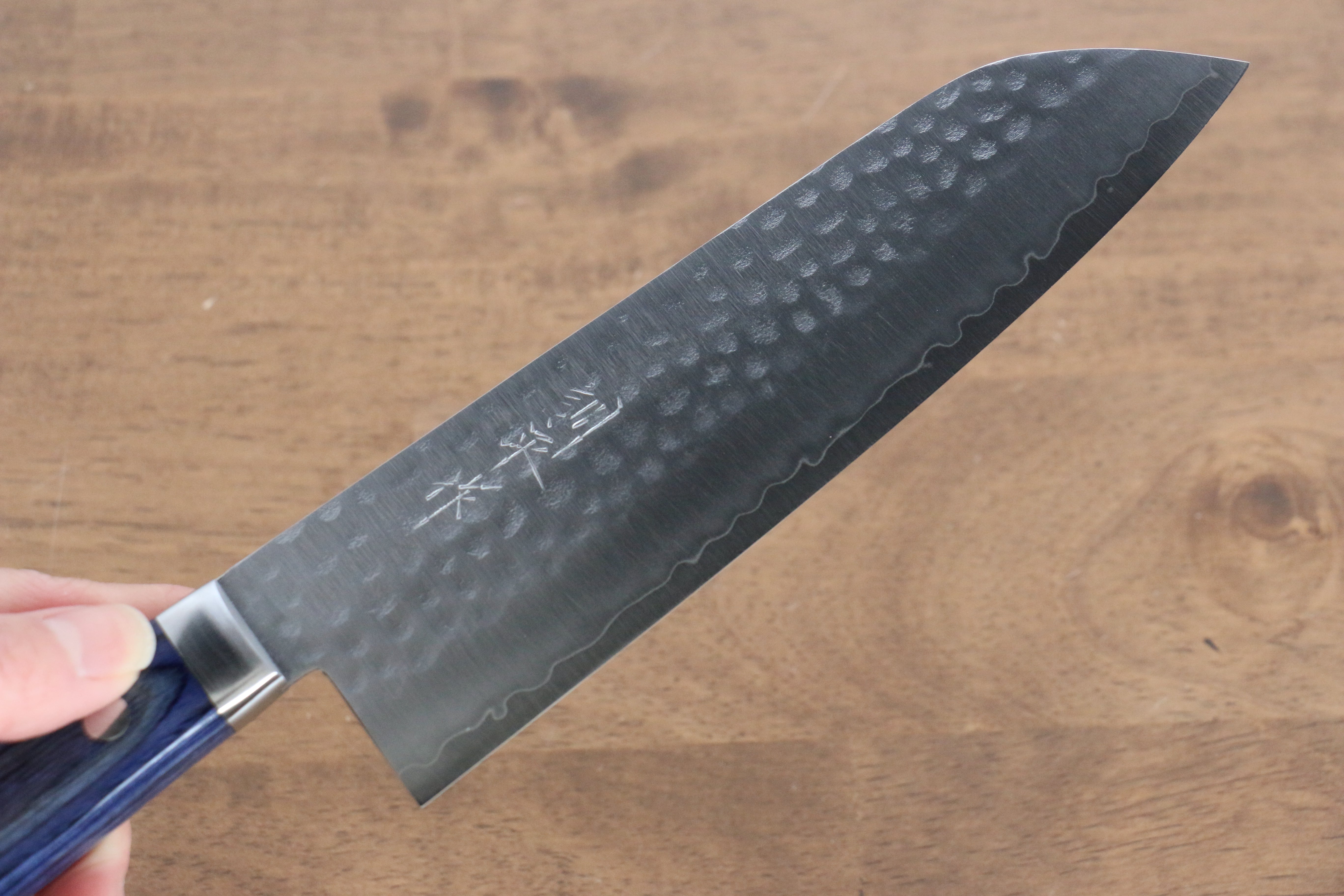 Premium Kunihira VG1 Hammered Santoku Knife 170mm - Japanese Blue Pakkawood Handle - Perfect for Slicing, Dicing & Chopping Vegetables, Meat & Fish