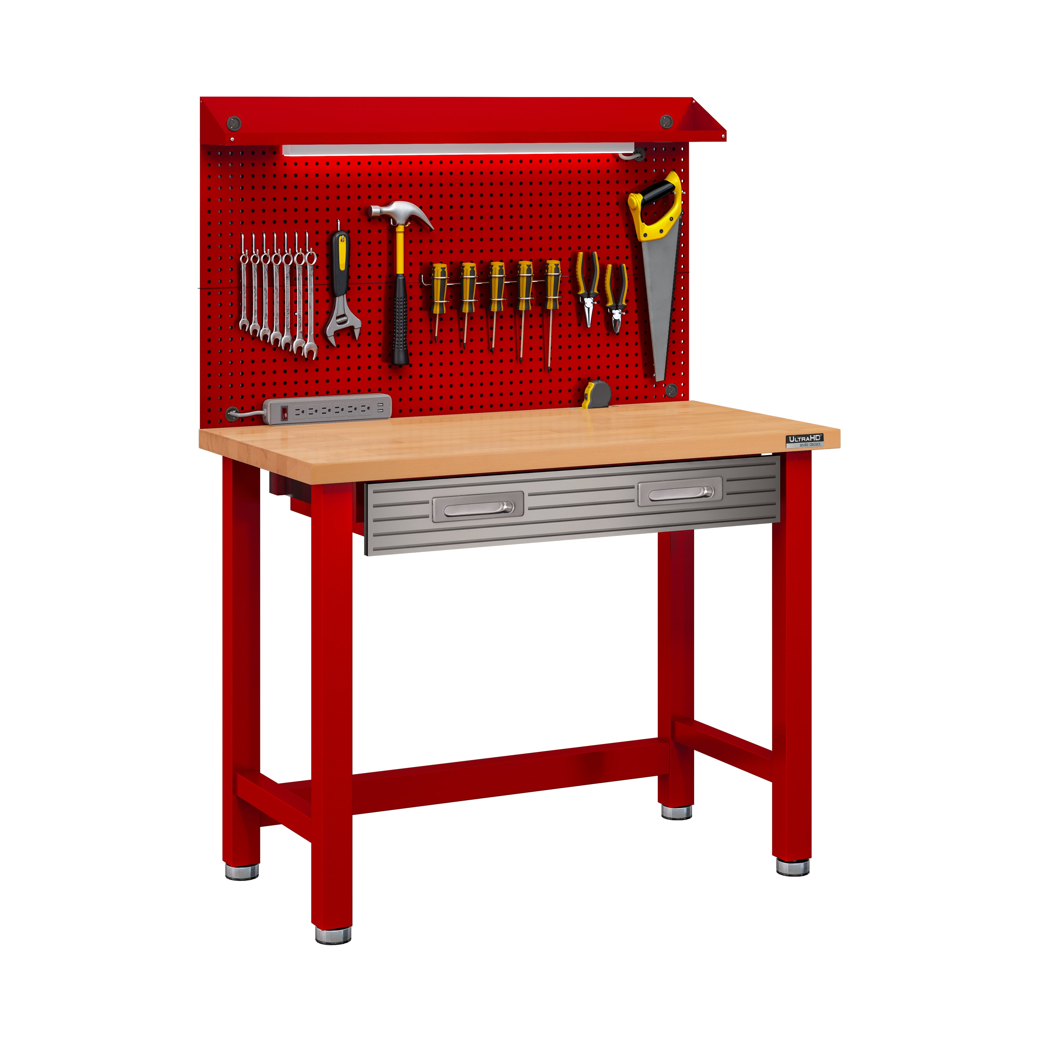 UltraHD® Lighted Workbench with Wooden Top & Pegboard - Perfect for DIY Projects, Home Workshops, and Garage Organization