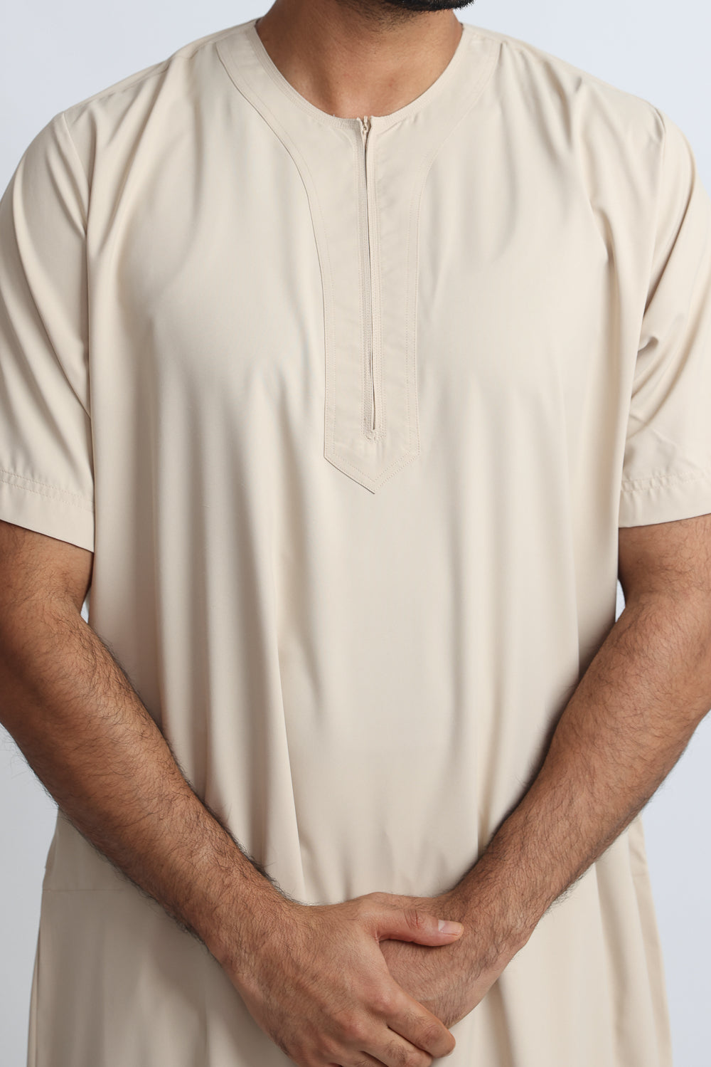 Premium Almond Half Sleeve Thobe for Men - Lightweight Cotton Islamic Prayer Dress - Perfect for Eid, Mosque & Special Occasions