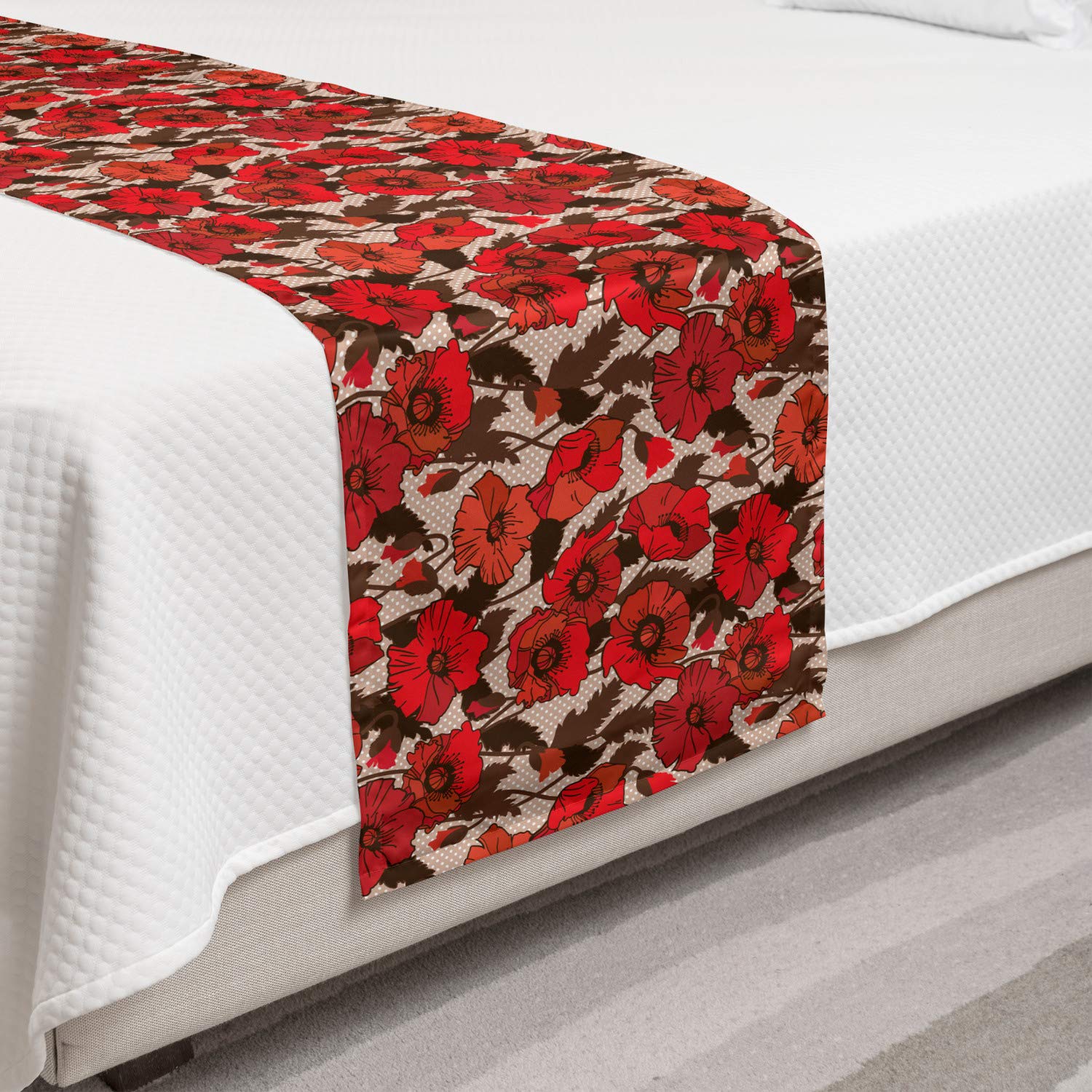 Ambesonne Vintage Floral Bed Runner - Botanical Poppy & Polka Dot Design, Decorative Accent Scarf for Queen & King Beds - Perfect for Hotels, Homes & Guestrooms (Vermilion Multicolor) | Elegant Bedroom Decor & Wedding Gift Idea