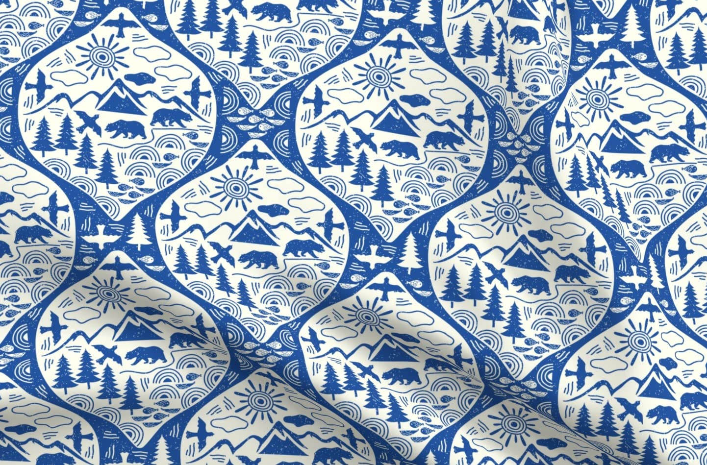 Outdoor Adventure Forest Bear Landscape Damask Printed Velvet Upholstery Fabric - Fat Quarter for Home Decor, Apparel & DIY Projects - Perfect for Curtains, Pillows & Crafting