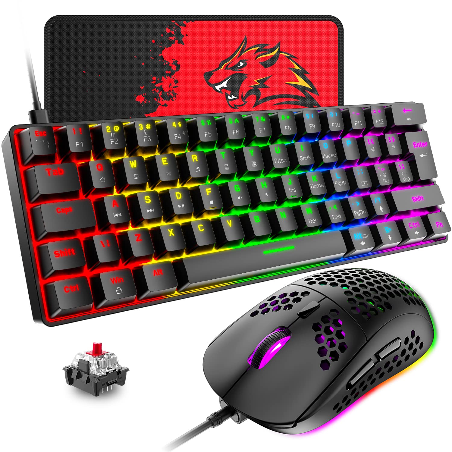 T60 UK Layout 60% Mechanical Keyboard and Mouse Combo - Compact 62-Key Wired Gaming Keyboard with 19-Color Rainbow Backlit, 6400DPI RGB Ultra-Light Gaming Mouse & Mouse Pad Set for PC, Laptop, MAC (Black/Red Switch) - Perfect for Esports, Office Work & Home Gaming Setup