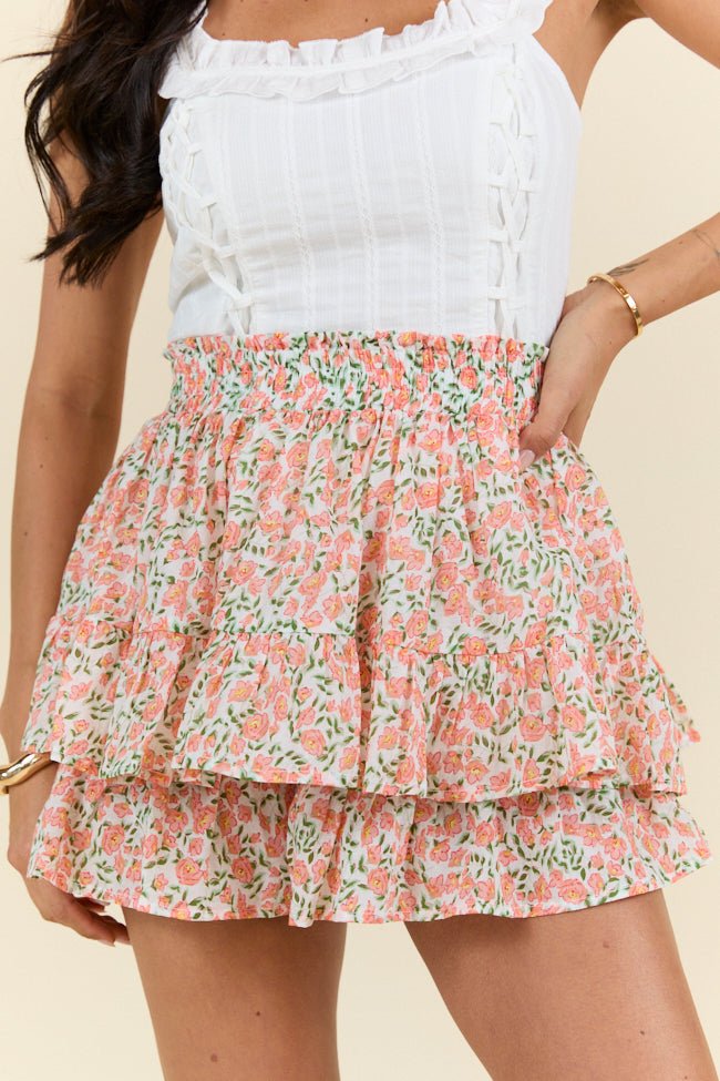 Pretty Moment Orange Multi Floral Print Tiered Mini Skort - Women's Flowy Tennis Skirt for Casual Wear, Workout & Summer Outfits