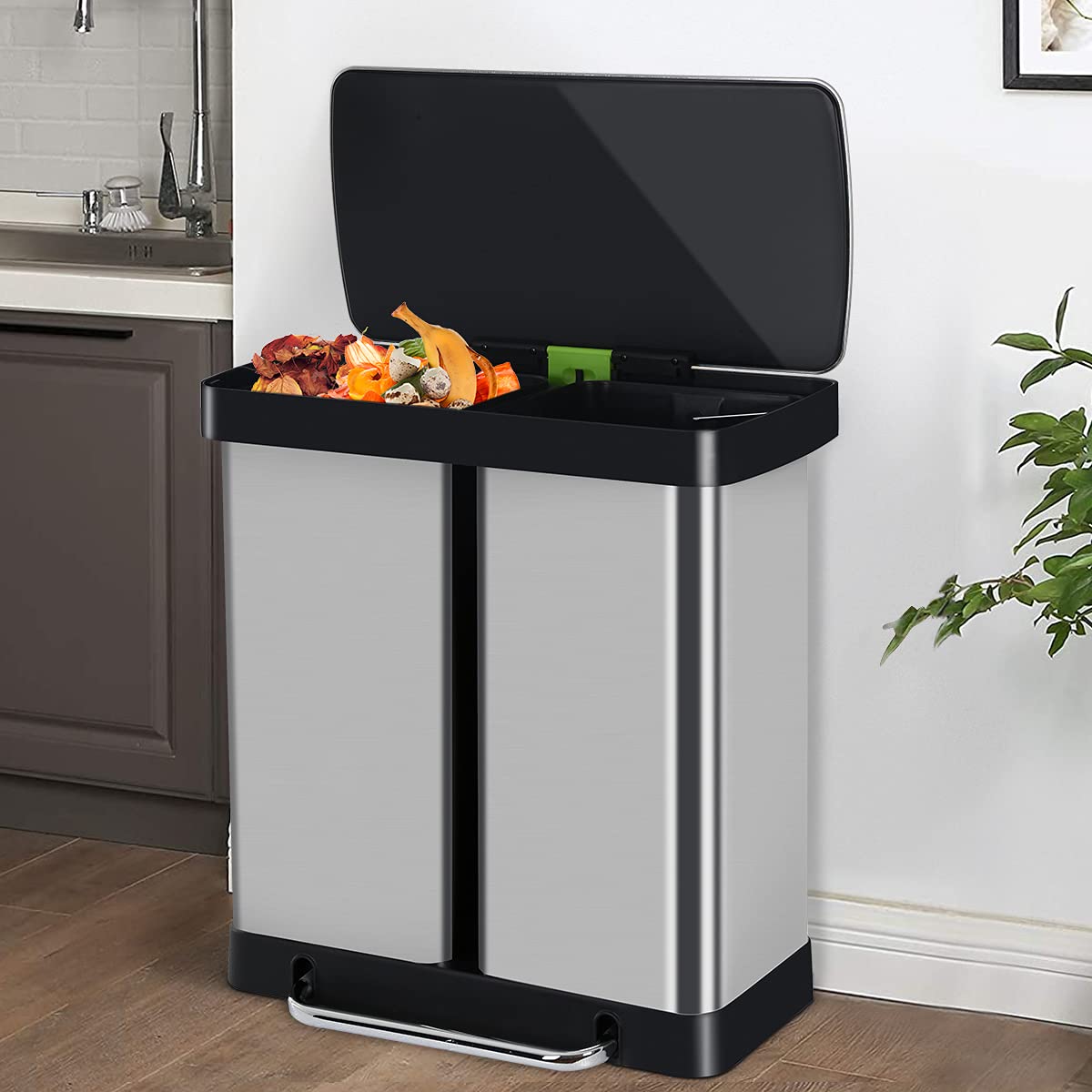 16 Gallon Stainless Steel Dual Trash Can with Lid - 60L High Capacity Step Garbage Bin for Kitchen, Bathroom, Bedroom & Office - Perfect for Waste Separation & Recycling in Home or Workplace