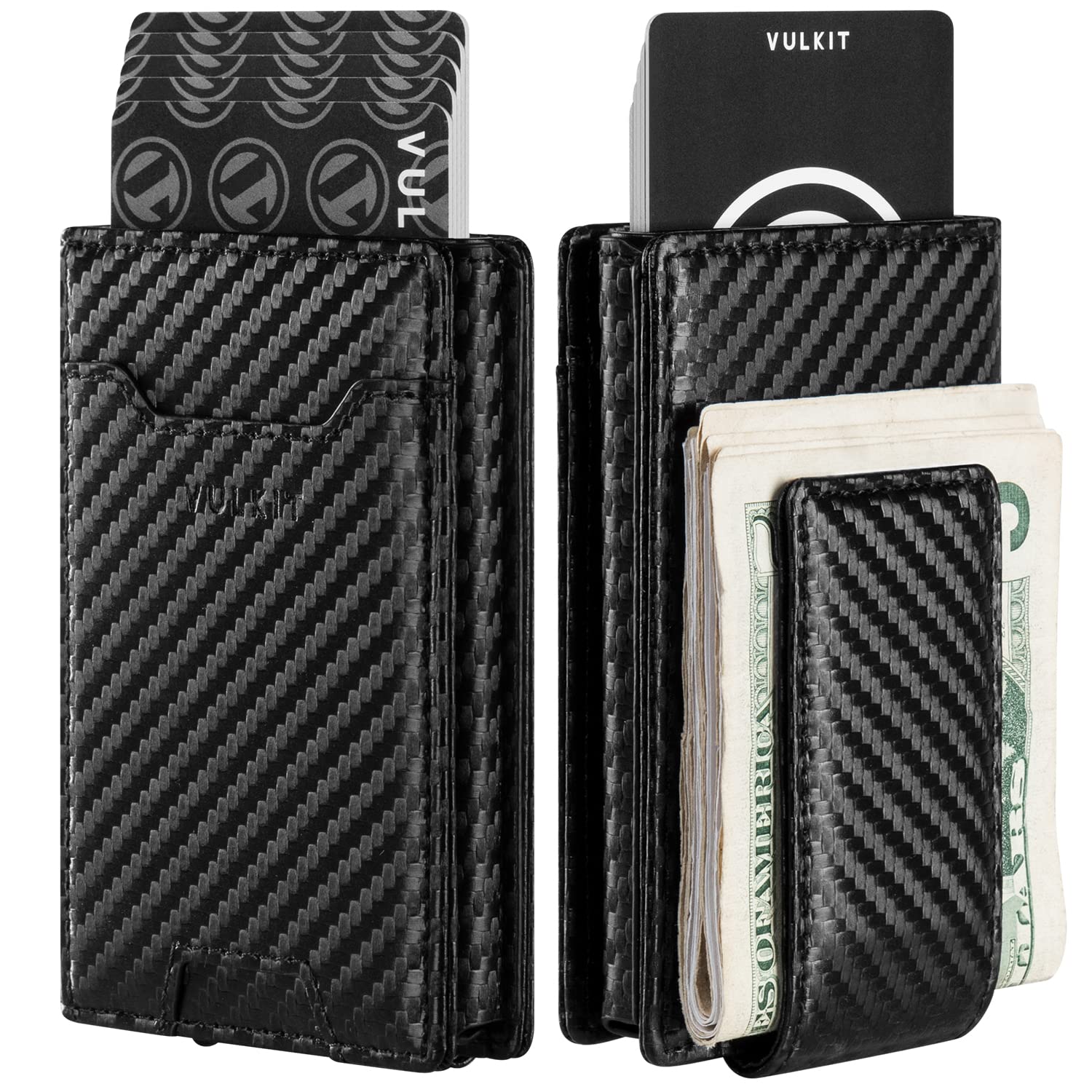 VULKIT Men's Leather RFID Blocking Money Clip Wallet - Slim Pop Up Card Holder for 7 Cards & 15 Bills - 2-in-1 Business Wallet (Perfect for Office, Travel & Everyday Use)