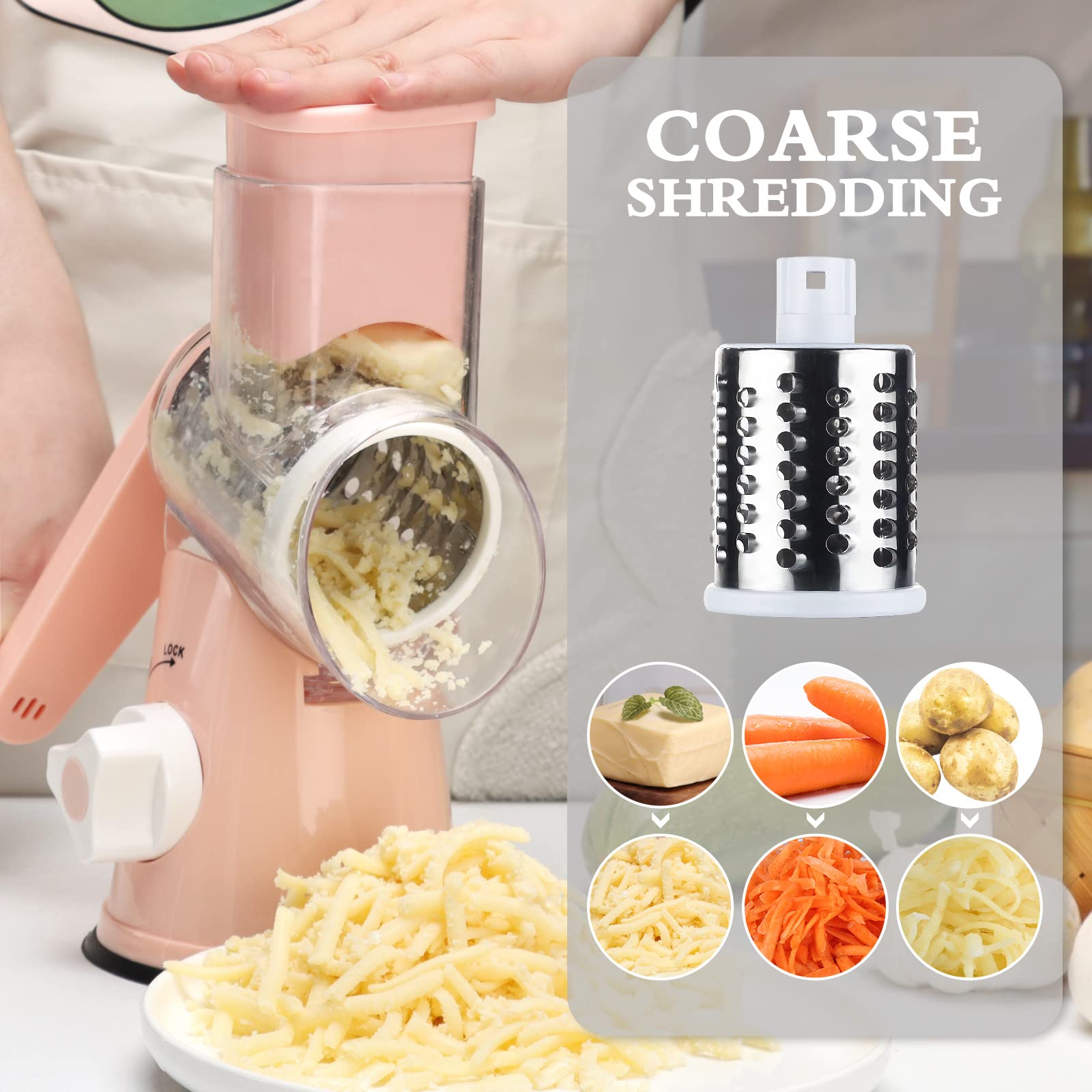 Premium Rotary Cheese Grater with Ergonomic Handle - 3-in-1 Manual Vegetable Slicer for Cheese, Nuts, Potatoes & Carrots - Stainless Steel Kitchen Mandoline Slicer for Hashbrowns, Garlic & Food Prep (Pink) | Perfect for Meal Prep, Salad Making & Quick Cooking