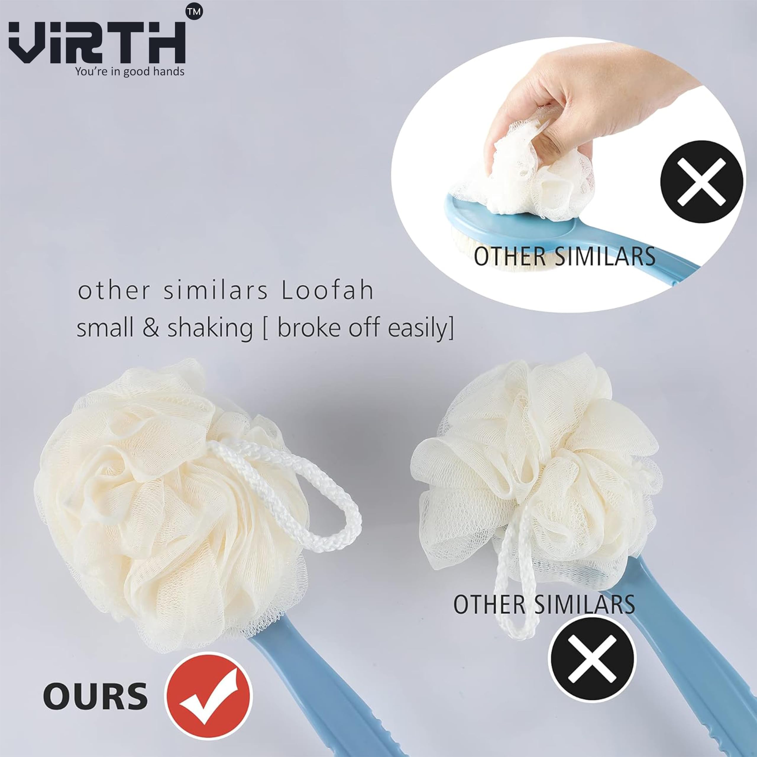 Virth® 2-in-1 Bath & Body Brush with Soft Loofah & Bristles - Long Handle Back Scrubber for Wet/Dry Use - Exfoliating Shower Brush for Women & Men - Perfect for Face, Body & Spa Care - Ideal for Deep Cleansing & Relaxing Bath Time