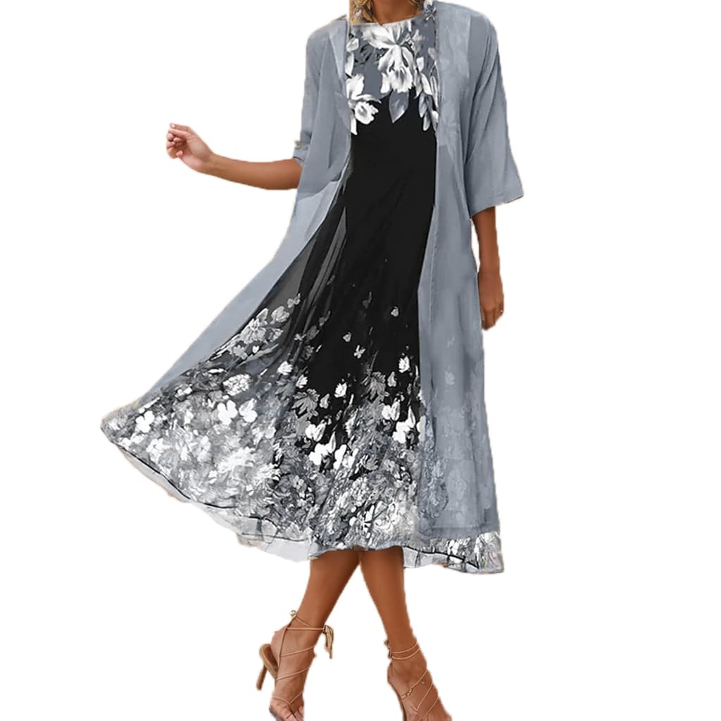 Women's Flowy Chiffon Floral Maxi Dress with Jacket 2-Piece Set - Summer Wedding Guest Dress, Cocktail Party Outfit, Beach Cover Up, Vacation Dress