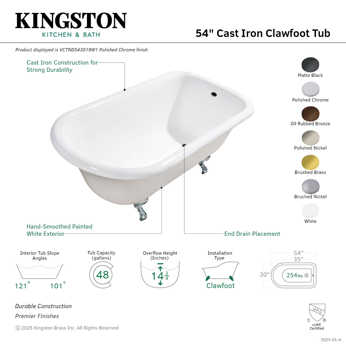 Aqua Eden 54 Inch White Matte Black Cast Iron Clawfoot Bathtub - Classic Flat Rim Roll Top Design, No Faucet Drillings - Perfect for Vintage Bathroom Decor & Spa-Like Relaxation