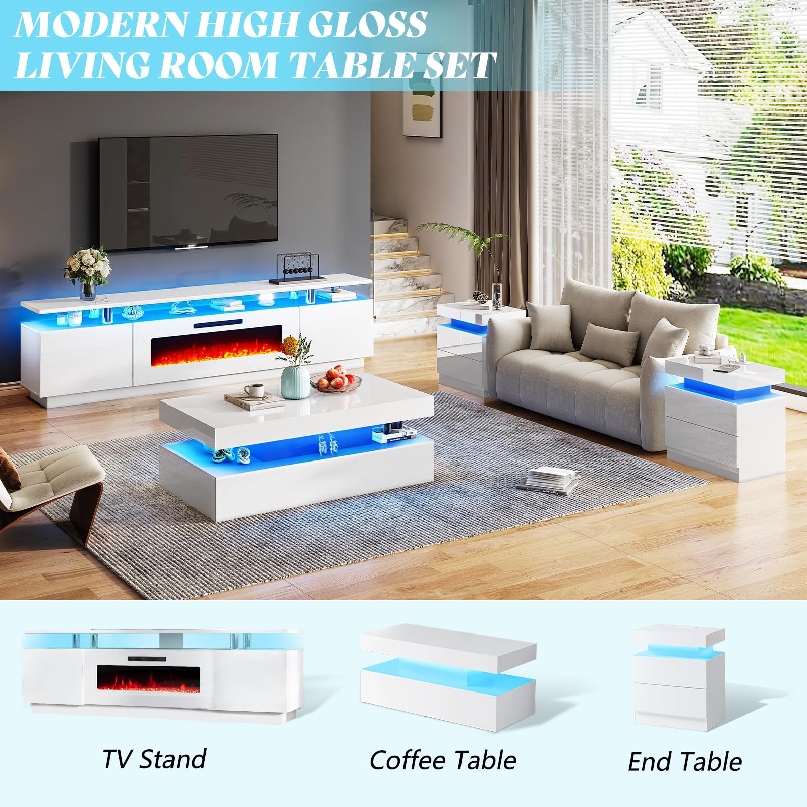 AMERLIFE 3-Piece Modern LED Coffee Table Set with Charging Station - High Gloss White 2-Tier Center Table & 2 End Side Tables, Nightstand for Living Room & Bedroom - Perfect for Home Decor, Entertainment & Charging Devices
