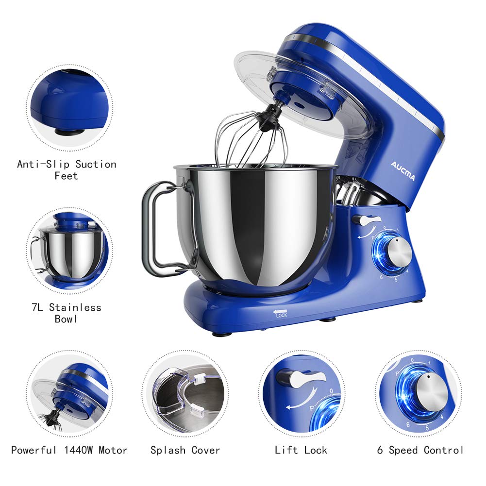 Aucma 7.4QT 6-Speed Tilt-Head Stand Mixer - Electric Kitchen Mixer with Dough Hook, Wire Whip & Beater (Royal Blue) - Perfect for Baking Cakes, Cookies, Bread & More