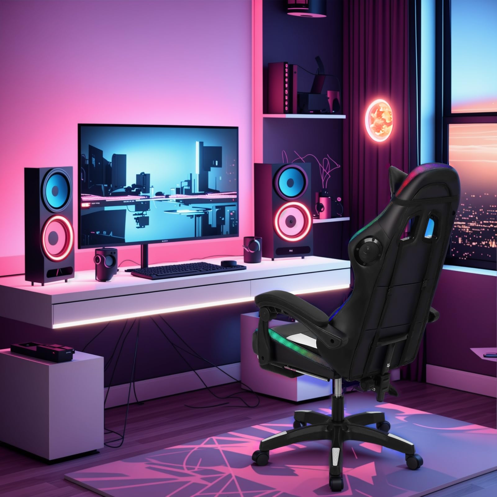 Ergonomic Gaming Chair with Footrest, Bluetooth Speakers & RGB Lights - Office Massage Chair with Pocket Spring Cushion for Adults (350lbs Capacity) - Perfect for PC Gaming, Home Office & Streaming (White & Black)