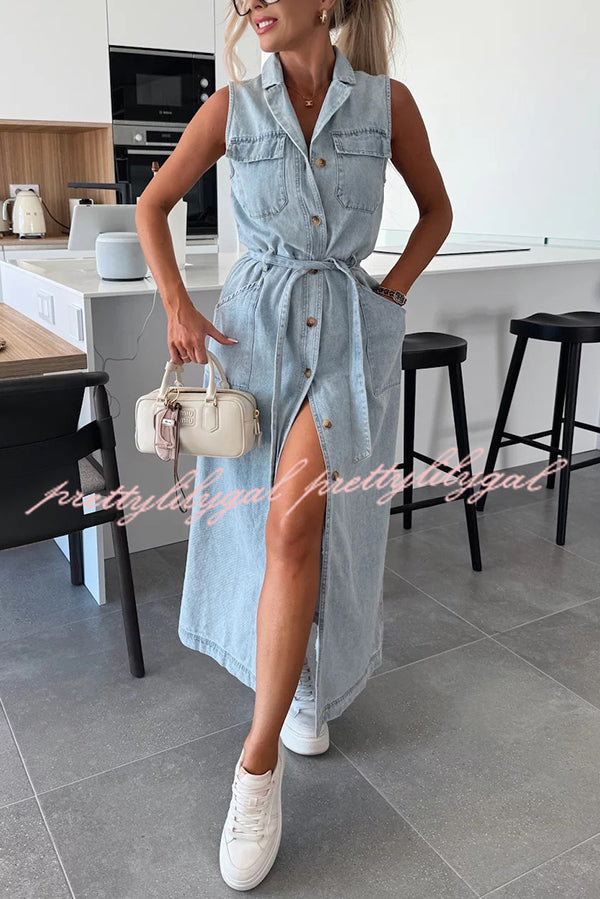 Solid Color Sleeveless Denim Midi Dress with Waist Tie & Pockets - Casual Summer Dress for Women, Perfect for Beach Outings, Picnics, and Weekend Brunch