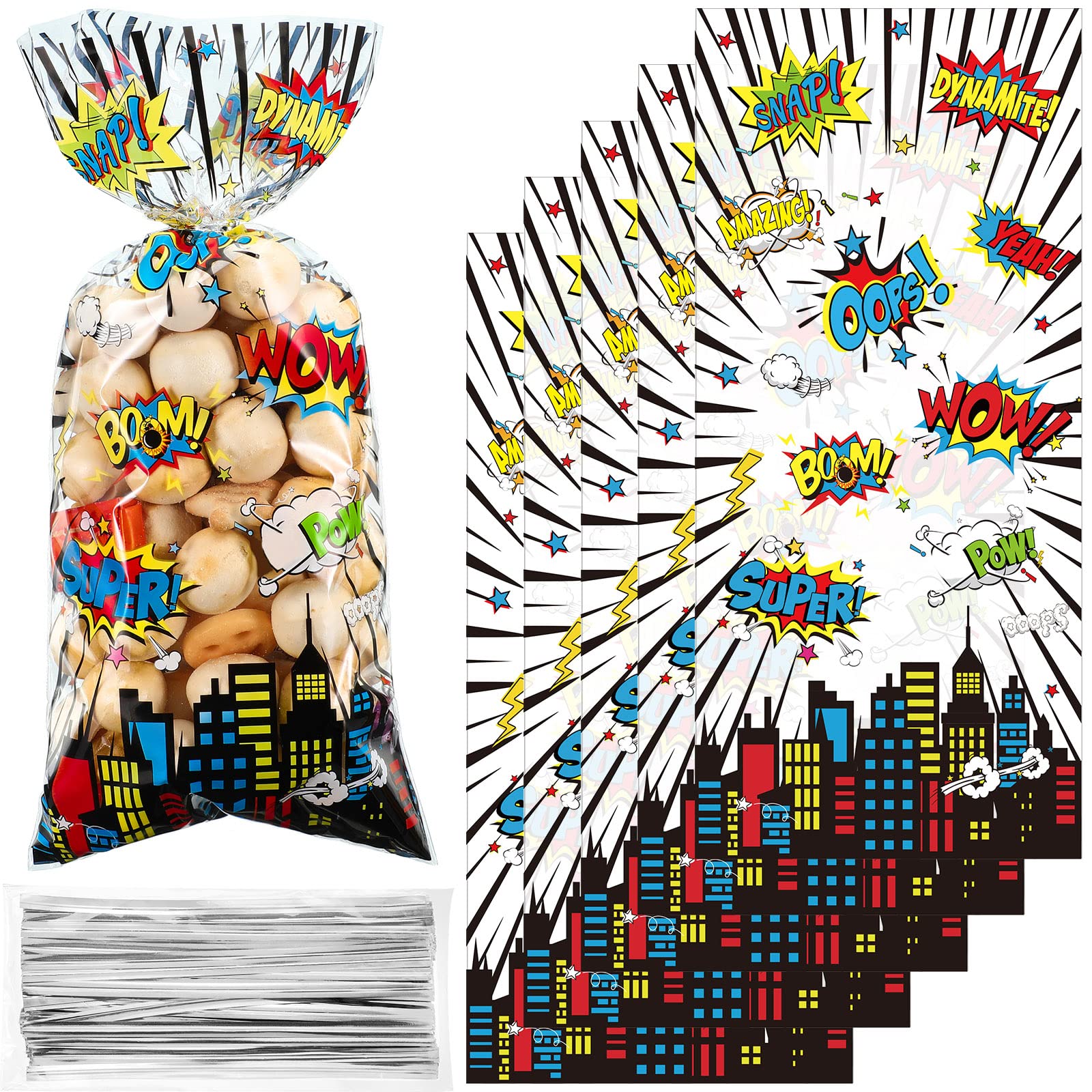 100 Pcs Clear Cellophane Treat Bags with Silver Twist Ties - Party Gift Candy Favor Bags for Birthday, Baby Shower, Wedding & Holiday Celebrations - Perfect for Candy, Cookies, Small Gifts & Party Favors