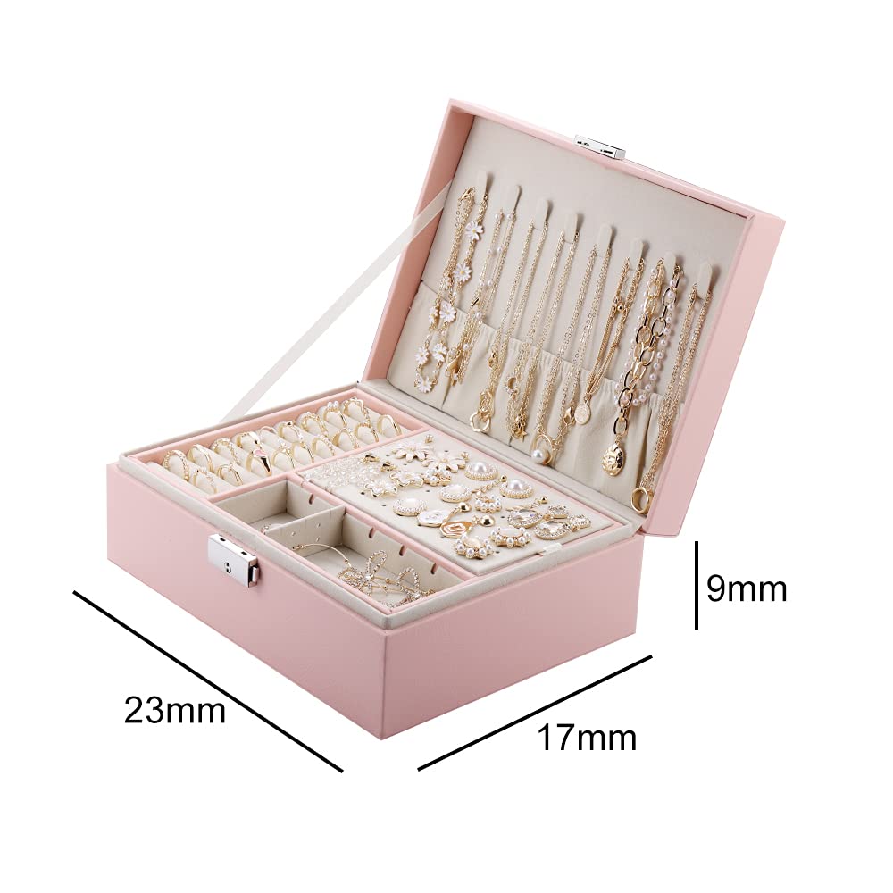 Double-Layer High Capacity Leather Jewelry Box - Travel Jewelry Organizer for Necklace, Earrings & Rings - Pink Jewelry Storage Case | Perfect for Travel, Home & Gift Giving