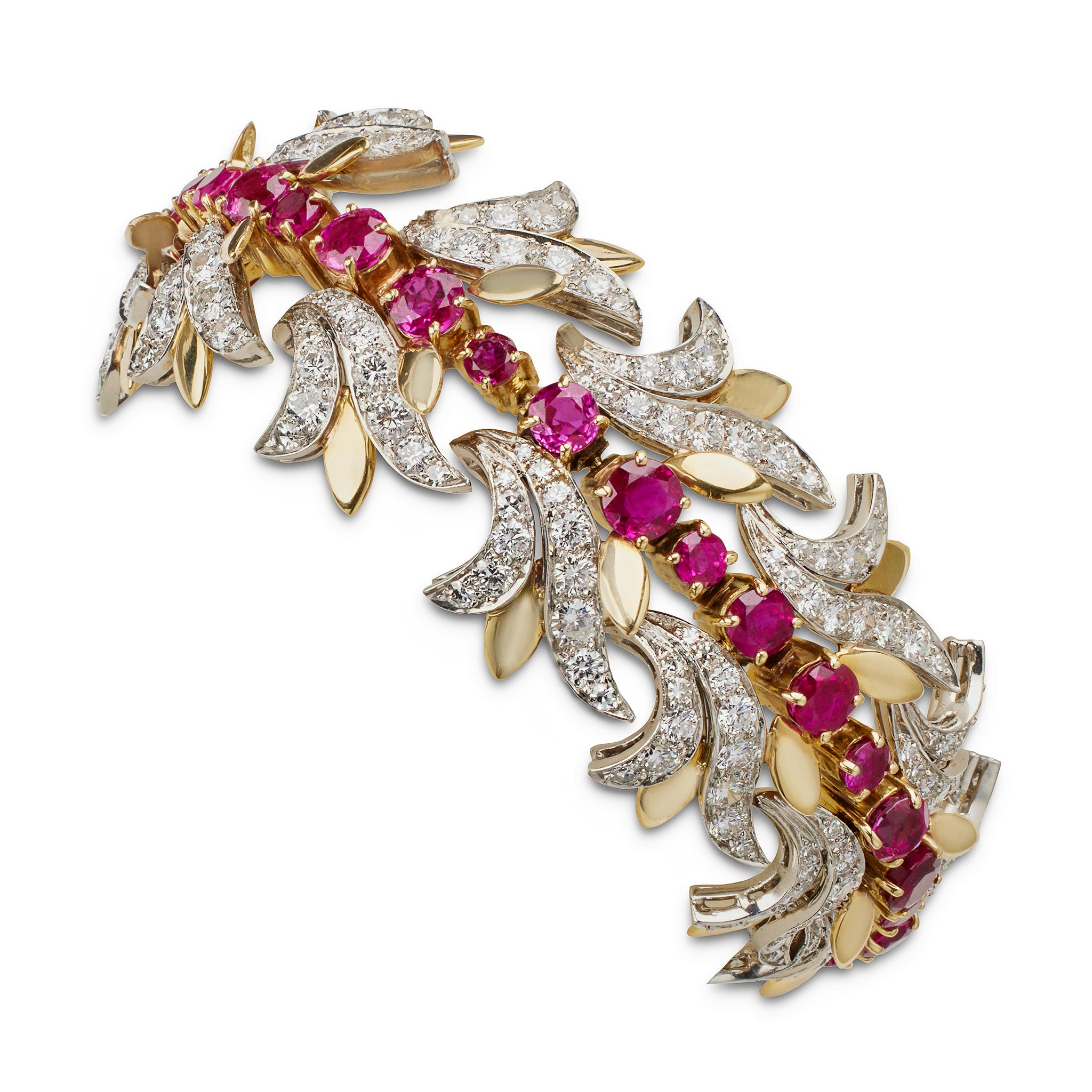 Tiffany & Co. Authentic Burmese Ruby and Diamond Leaf Bracelet - 18K Gold Luxury Jewelry for Women, Perfect for Weddings, Anniversaries & Special Occasions