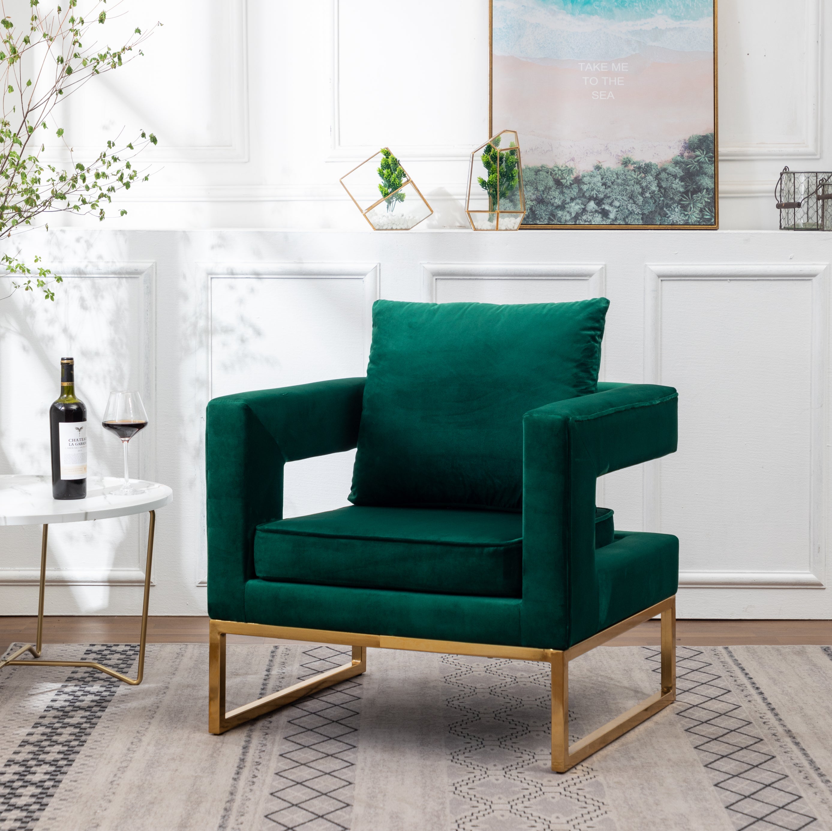 Roundhill Furniture Lenola Modern Upholstered Accent Arm Chair - Green Velvet Lounge Chair for Living Room, Bedroom & Office Decor