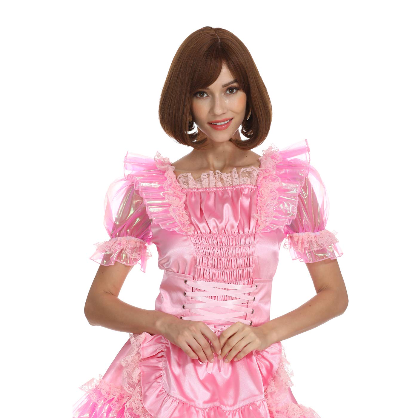 Sexy Pink Satin French Maid Costume for Women - Shimmering Girdle Dress with Lockable Design | Perfect for Halloween, Cosplay, Role Play & Boudoir Photography
