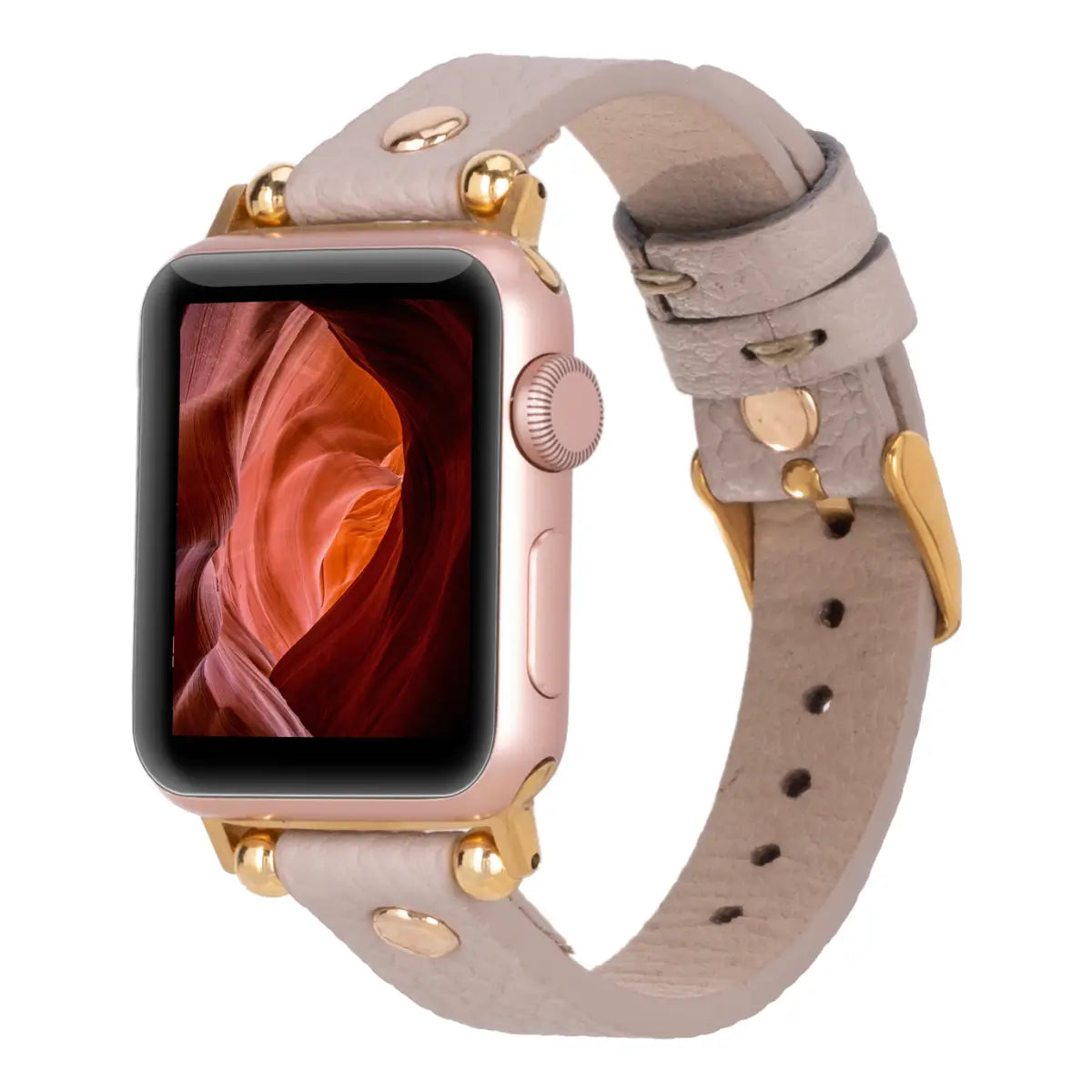 Slim Beige Leather Apple Watch Band with Gold Rivet - Premium Replacement Strap for Work, Gym & Everyday Wear