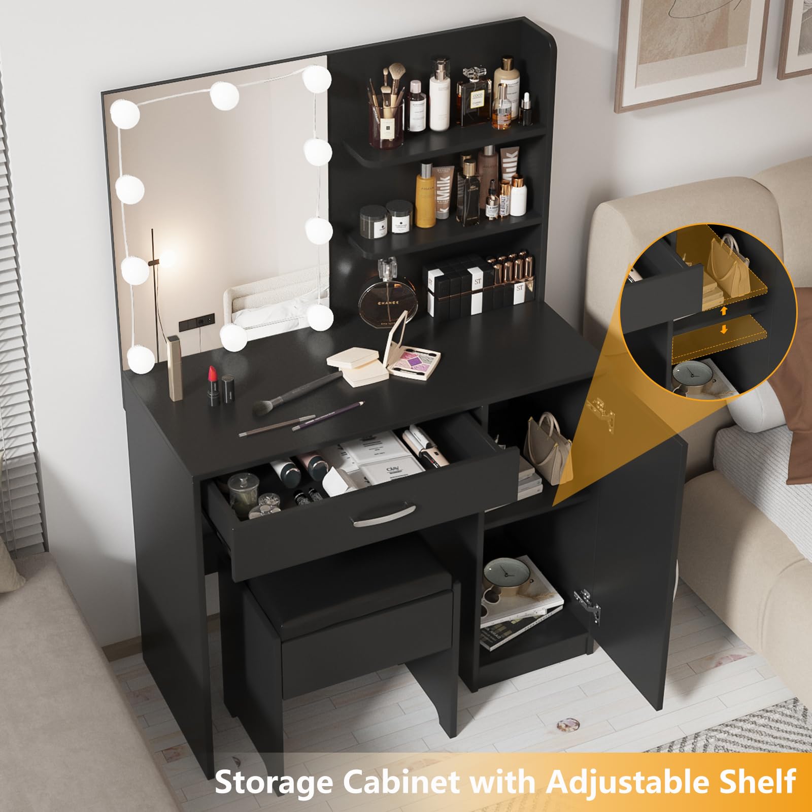 Lighted Makeup Vanity Desk with Mirror, Storage Drawers & Cabinet - Dressing Table for Bedroom & Bathroom (Black) | Perfect for Beauty Routine, Makeup Organization & Small Space Decor