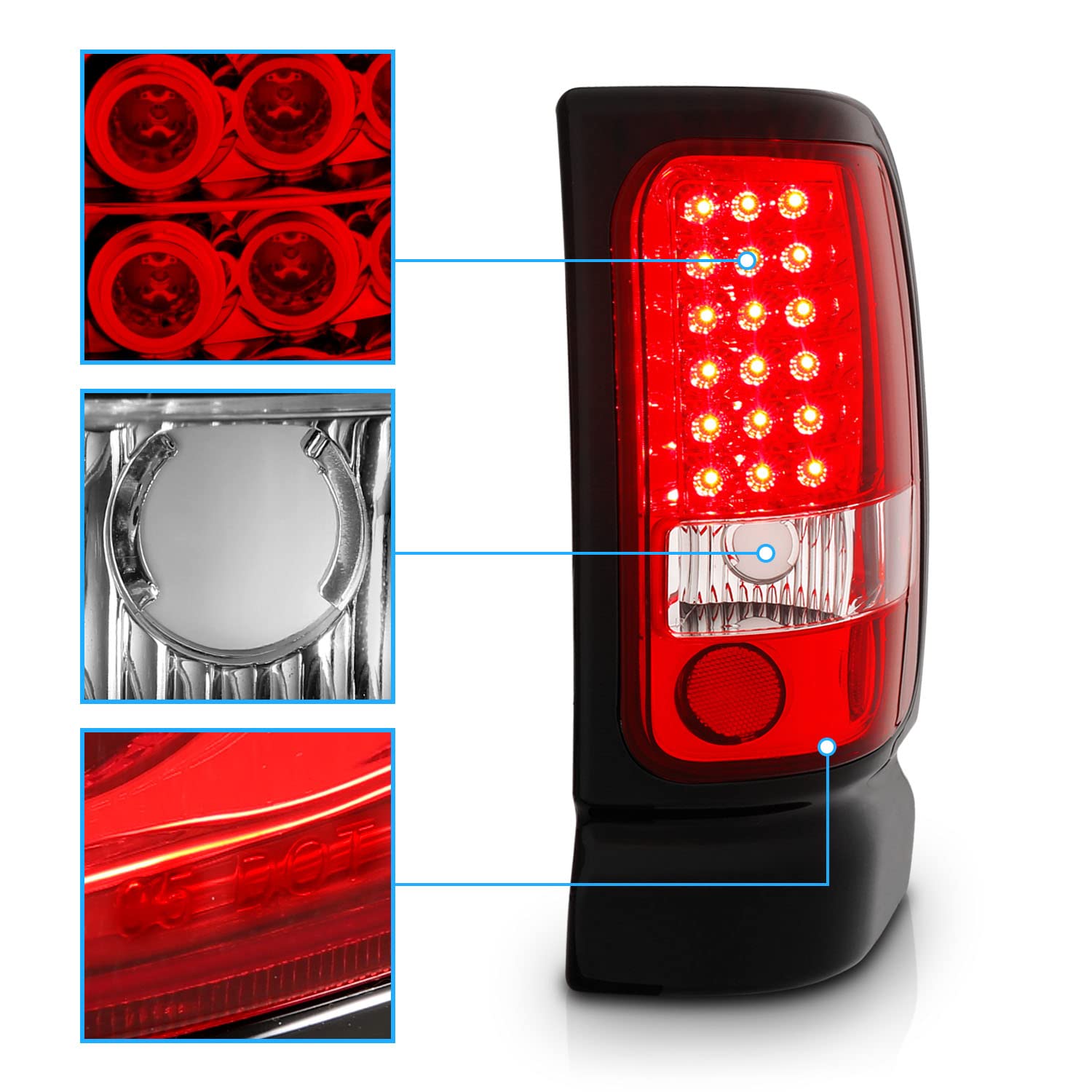 AmeriLite Red/Clear LED Brake Tail Lights Set Compatible with 1994-2001 Dodge Ram 1500 2500 3500 - Left & Right Side Replacement - Enhanced Visibility & Safety for Night Driving & Towing