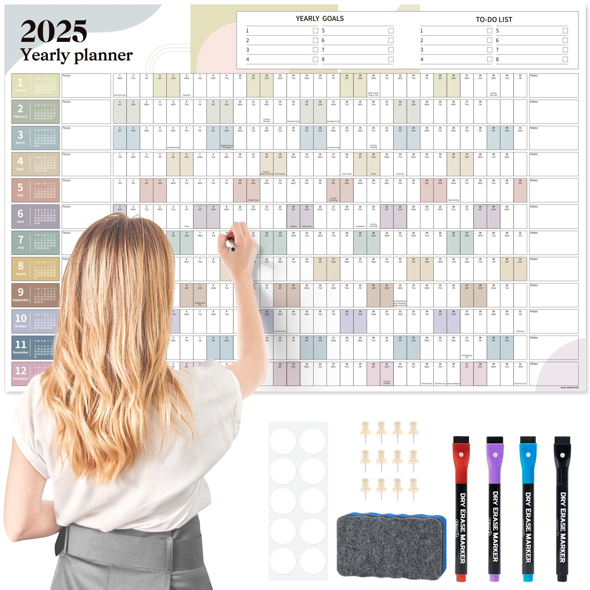 Ospelelf 2025 Large Dry Erase Wall Calendar - 32'' x 48'' Laminated Family Planner (Jan-Dec 2025) - Morandi Design | Perfect for Home, Office & Classroom Organization