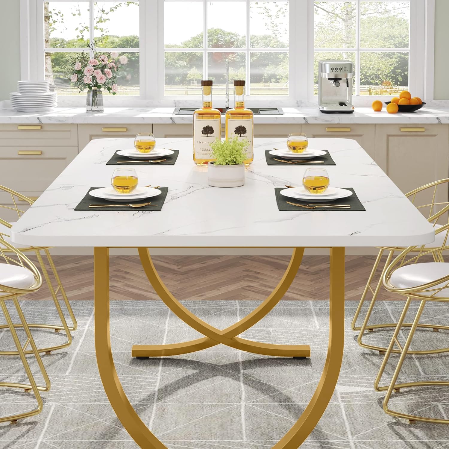 Tribesigns 63-Inch White and Gold Modern Rectangular Dining Table for 4-6 People - Faux Marble Table Top with Sturdy Metal Legs - Perfect for Dining Room, Kitchen or Living Room - Ideal for Family Meals, Entertaining Guests & Home Office Workspace