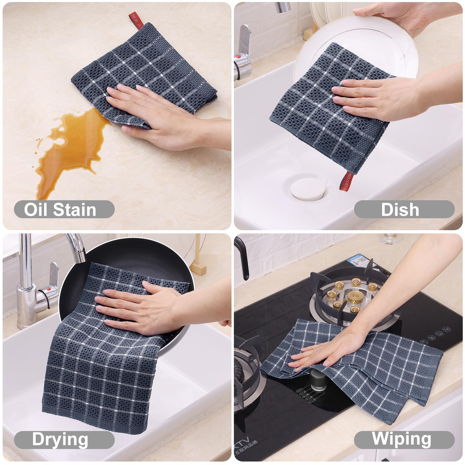 6 Pack Premium Cotton Waffle Weave Dish Towels - 12x12 Inch Super Absorbent & Quick Drying Kitchen Cloths - Lattice Design Dish Rags for Washing Dishes, Cleaning Countertops & Household Chores (Grey)