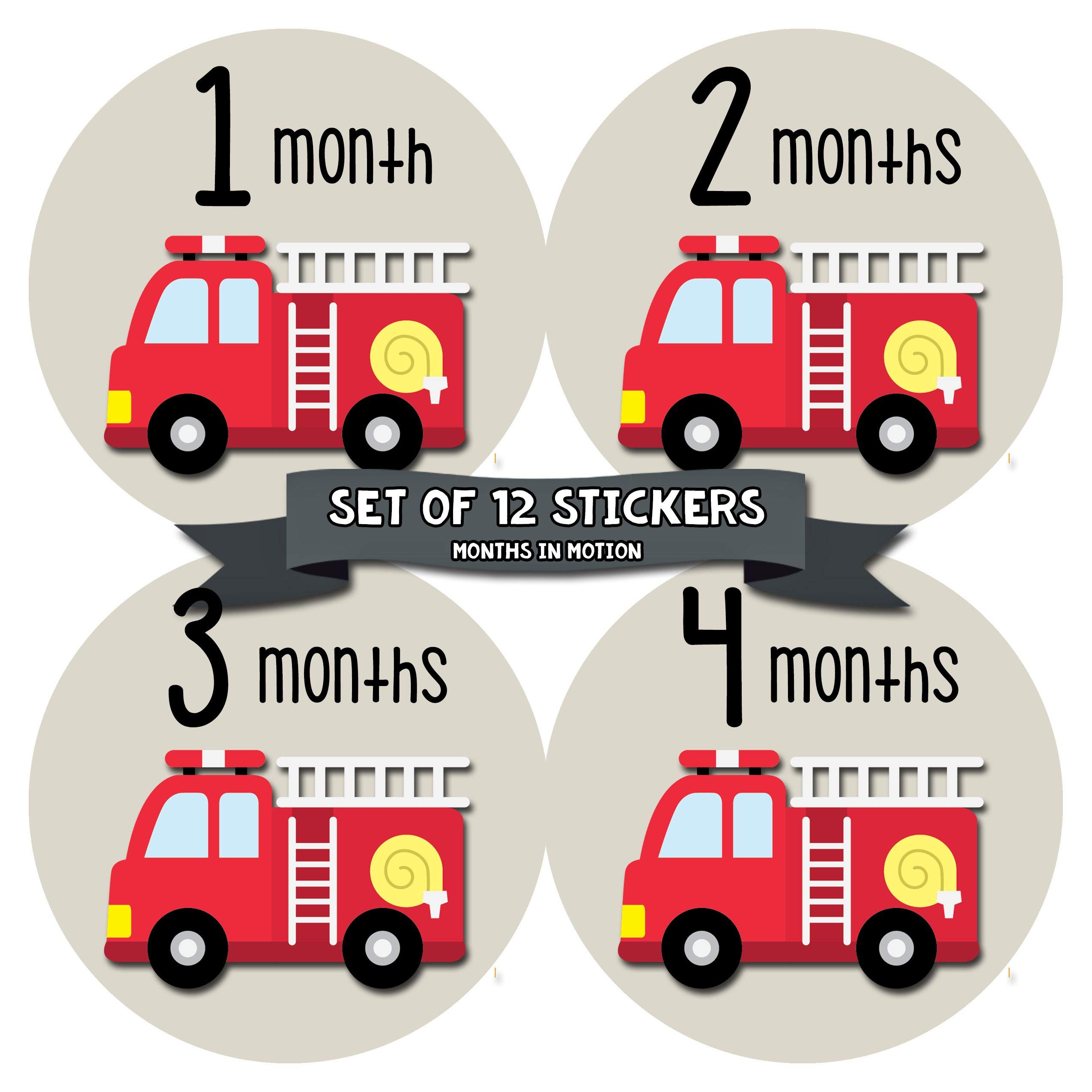 Baby Monthly Milestone Stickers - Fire Truck Design for Boys | Perfect for Photo Props, Baby Books & First Year Memory Keepsakes