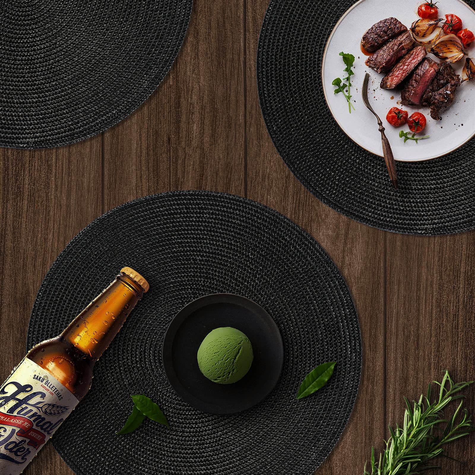 FunWheat Round Braided Placemats Set of 4 - Woven Washable Non-Slip Table Mats for Dining, Kitchen, and Outdoor Use - 15 Inch (Black, 4 Pieces) - Perfect for Everyday Meals, Parties, and Picnics
