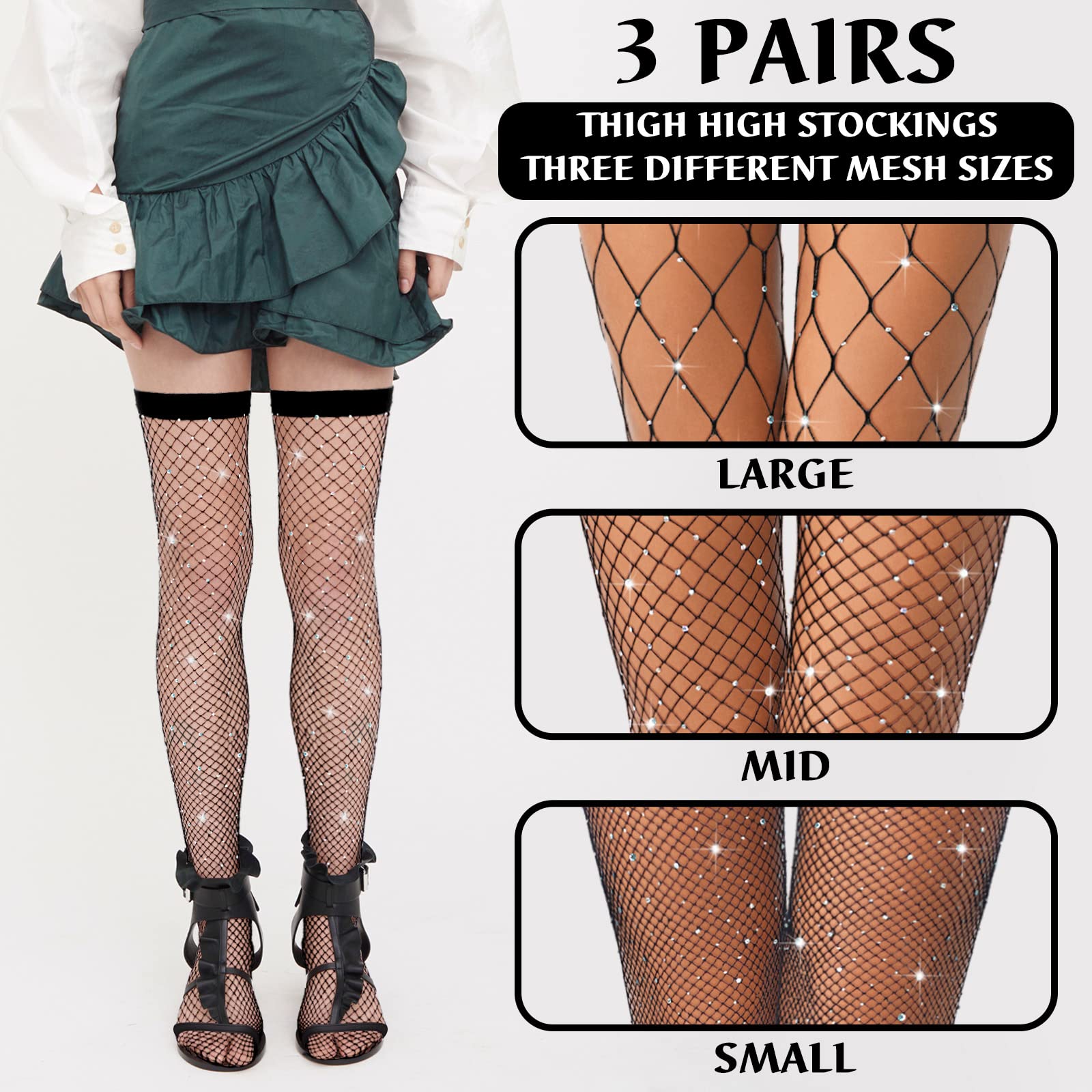 BBTO 3 Pairs Rhinestone Fishnet Thigh High Stockings for Women - Sexy Elastic Mesh Socks & Pantyhose for Party, Cosplay, Halloween & Night Out