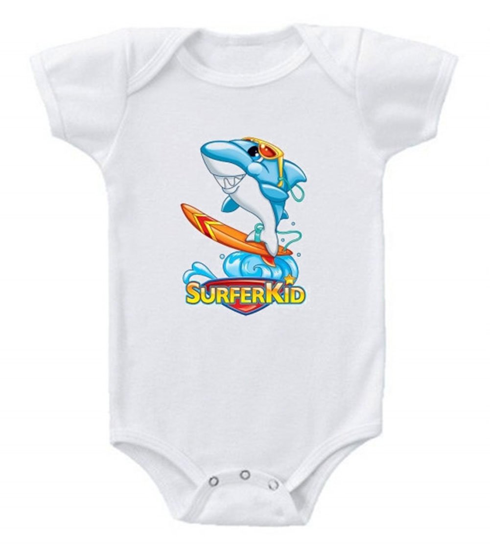 Adorable Surfer Kid Dolphin Print Baby Bodysuit Romper - Soft Cotton Onesie for Beach & Summer Outfits