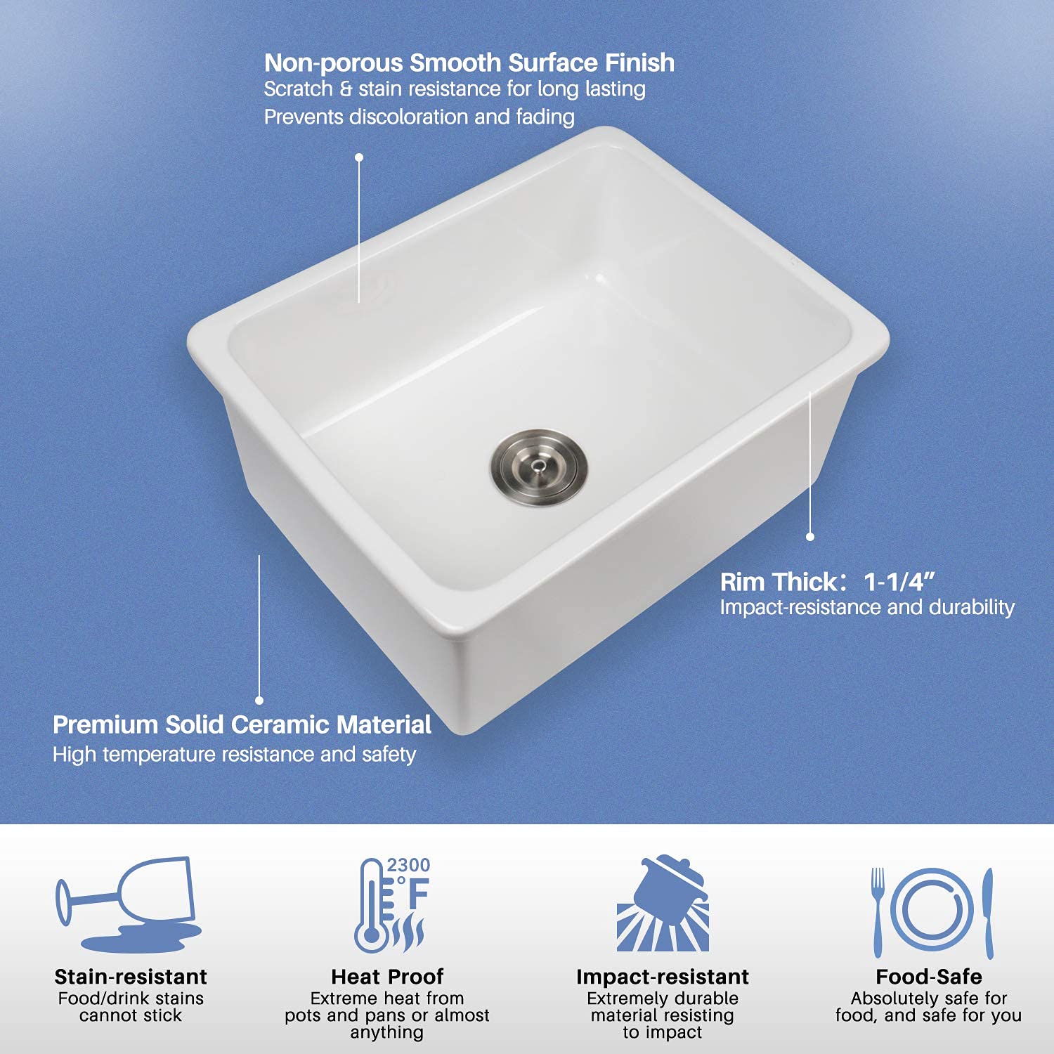 Enbol 24-Inch Undermount Kitchen Sink - 18x24 Inch White Porcelain Single Bowl Sink with Strainer for Modern Kitchens | PU2318 | Perfect for Food Prep, Dishwashing & Small Space Homes